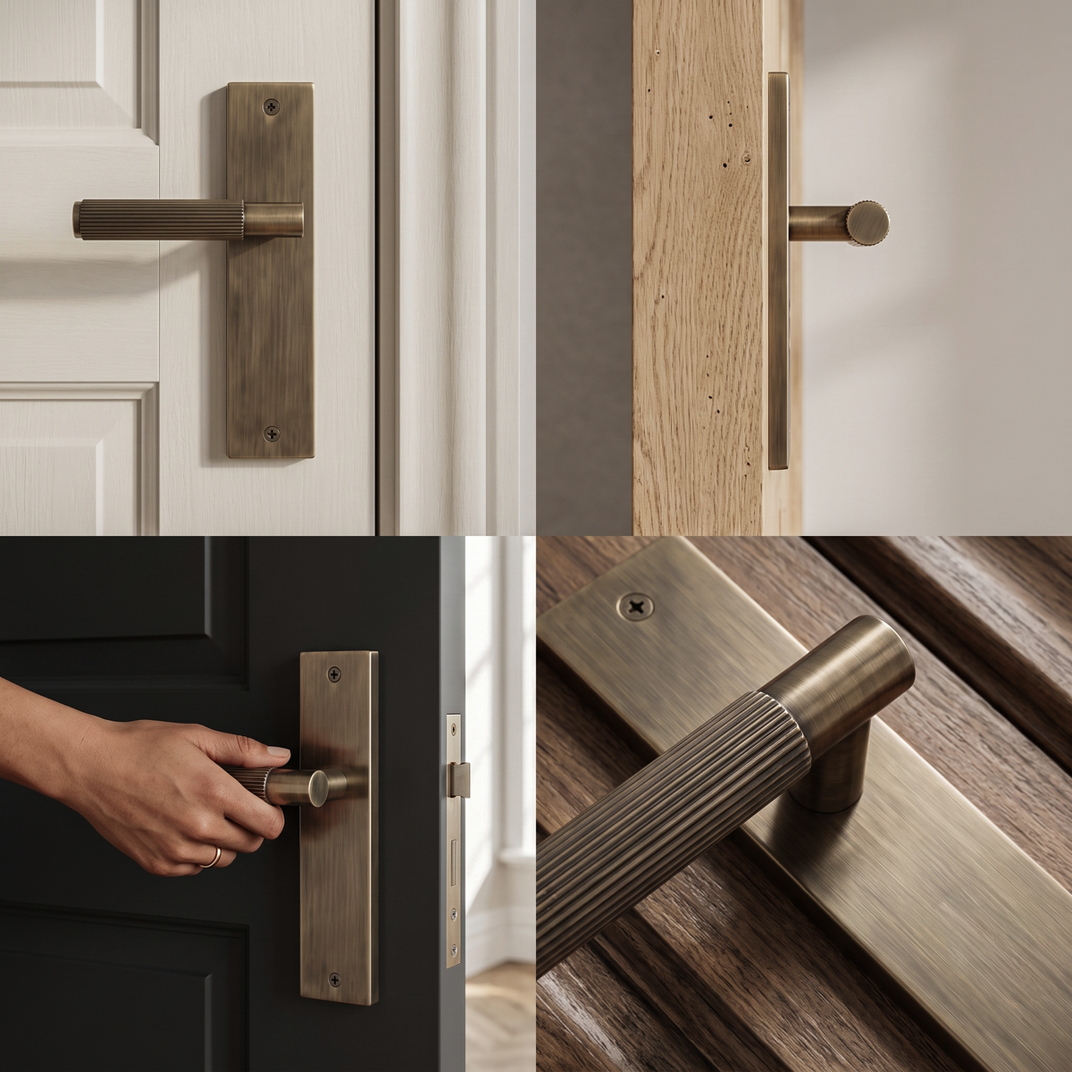 Hera Antique Brass Passage Door Lever Handles on Backplate – fitted on an interior door in a styled room setting
