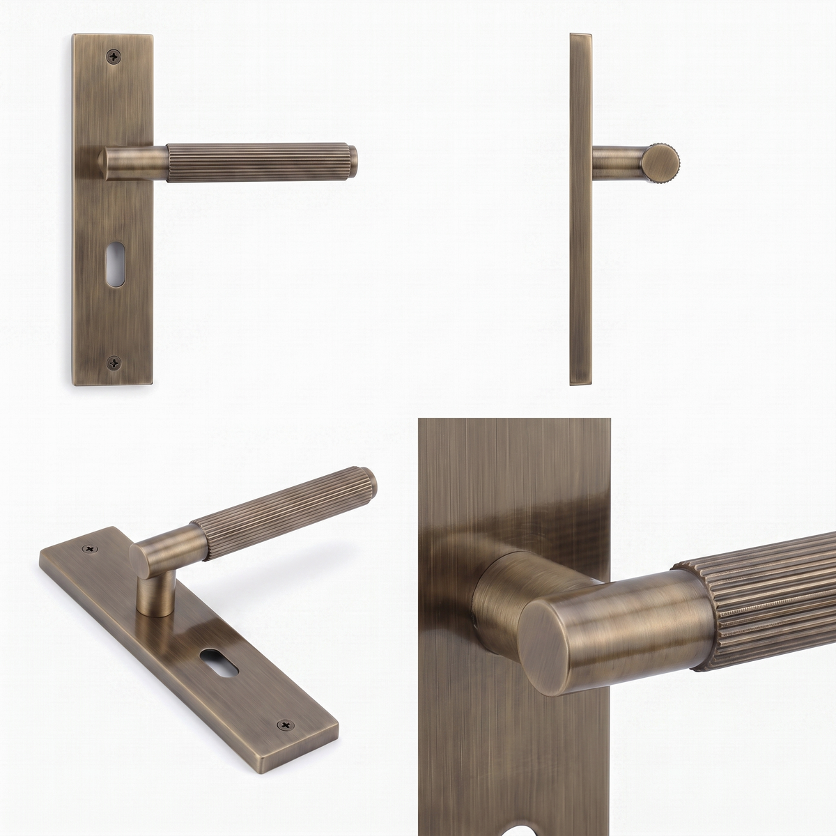 Hera Antique Brass Privacy Door Lever Handles on Backplate – shown from multiple angles