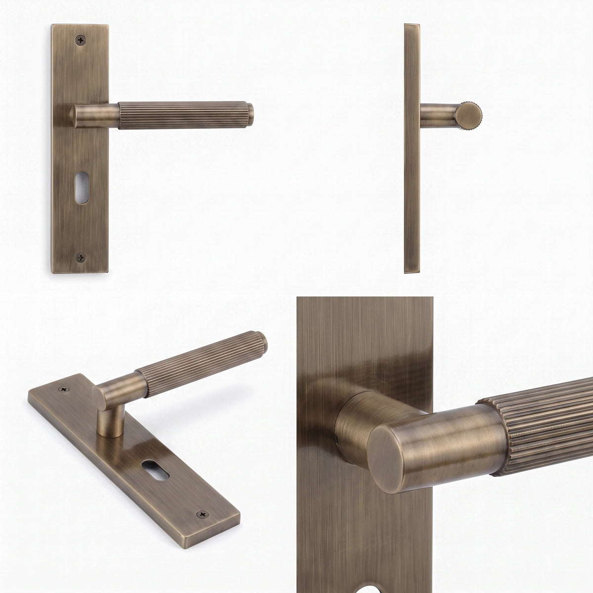 Hera Antique Brass Privacy Door Handles on Backplate with Keys – shown from multiple angles