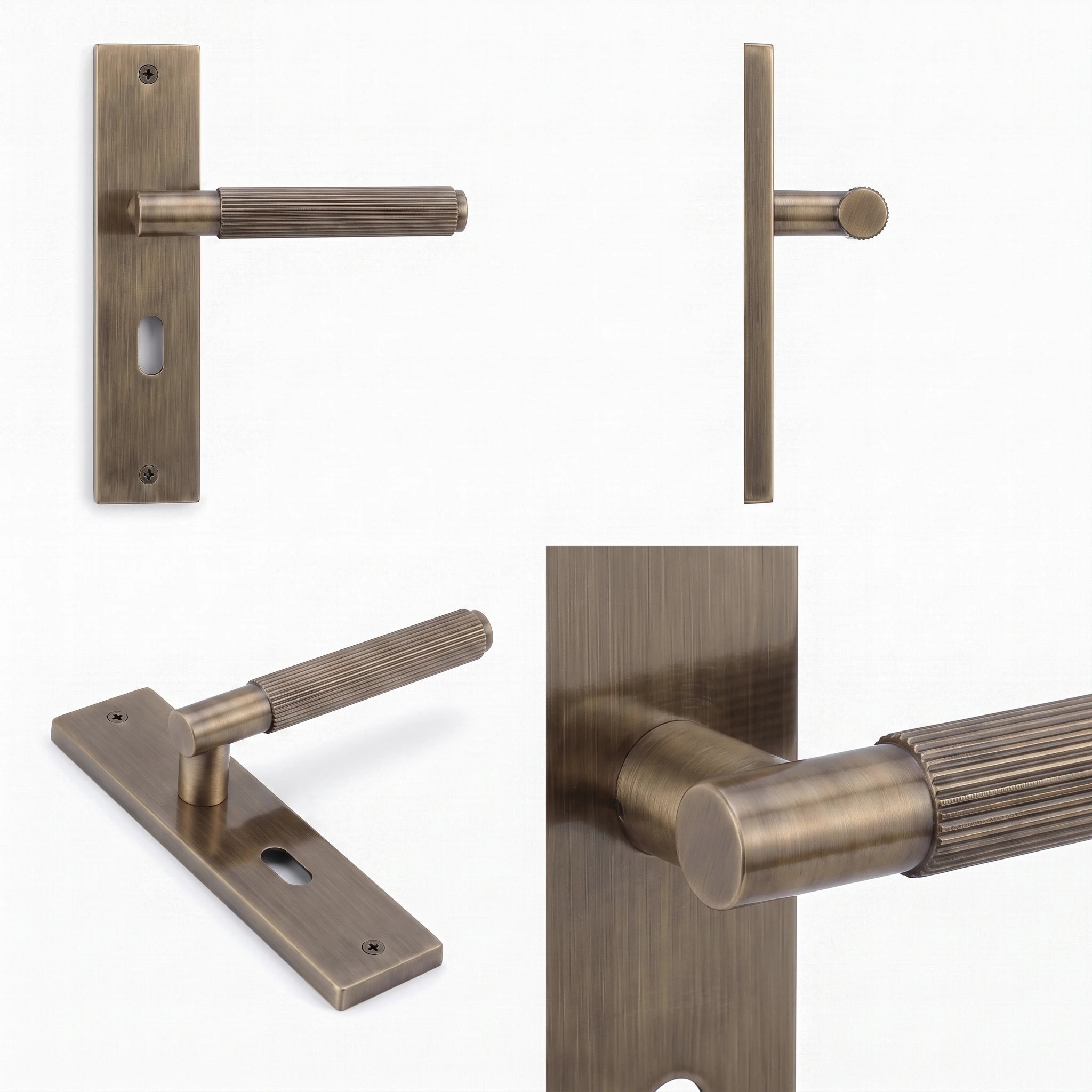 Hera Antique Brass Privacy Door Handles on Backplate with Keys – shown from multiple angles
