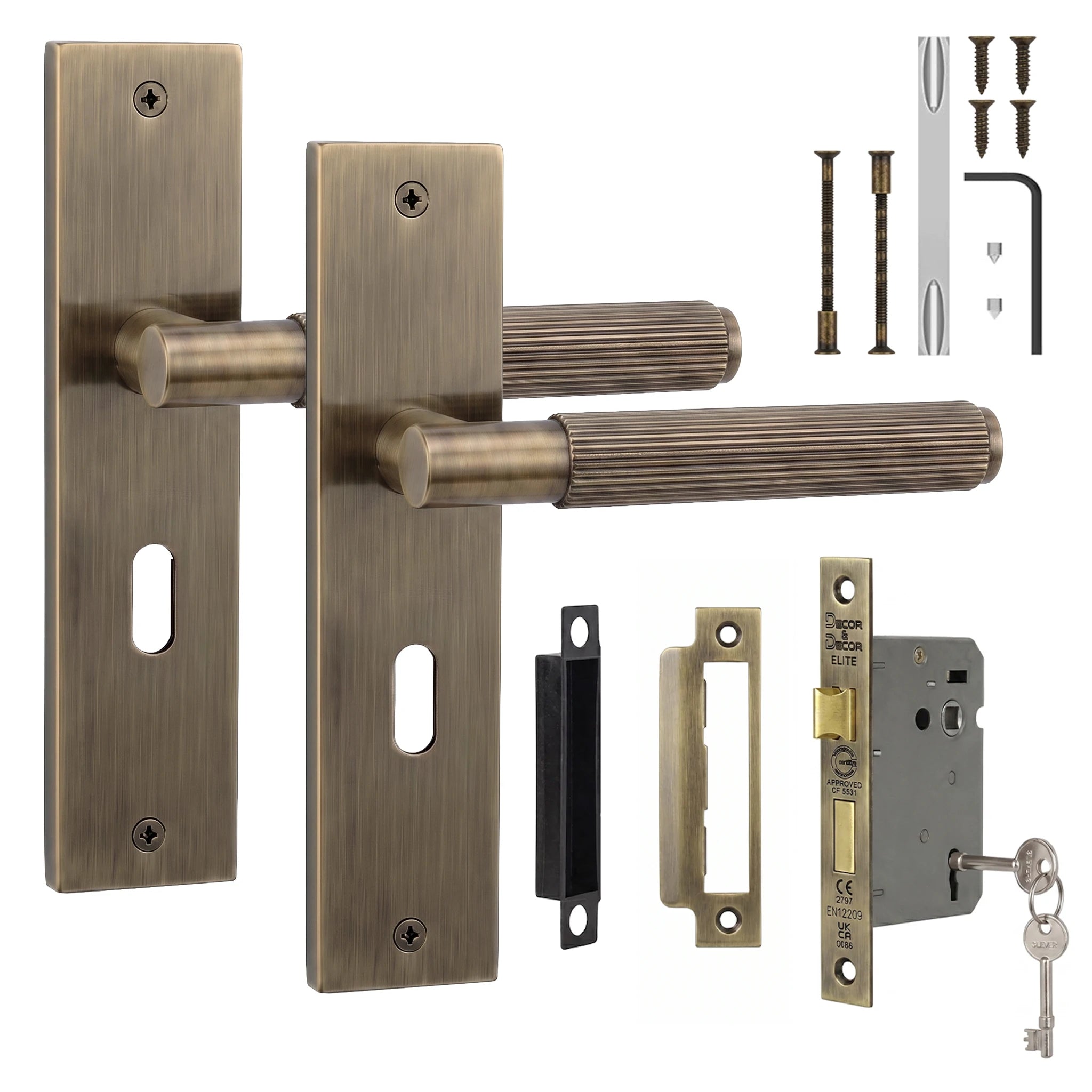 Hera Antique Brass Privacy Door Handles on Backplate with Keys - Sash Lock Kit Set