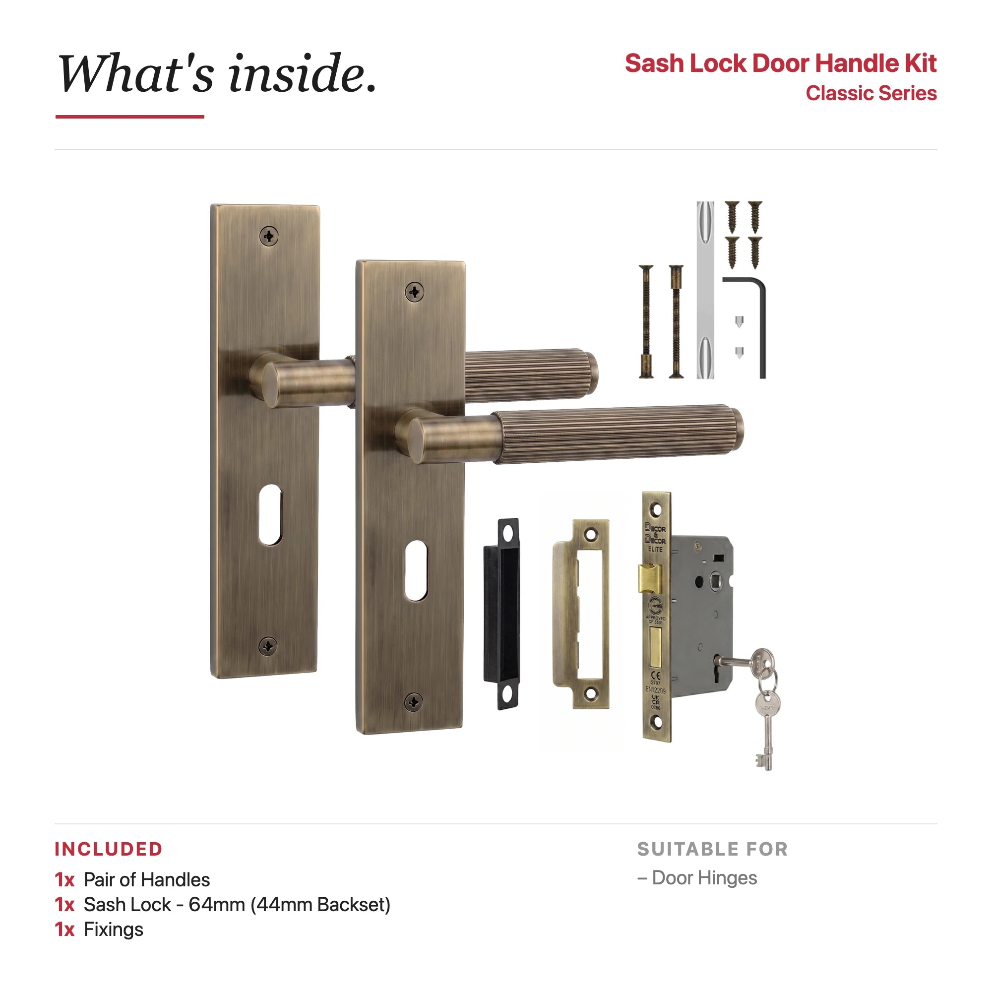 Hera Antique Brass Privacy Door Handles on Backplate with Keys – showing what's included in the box