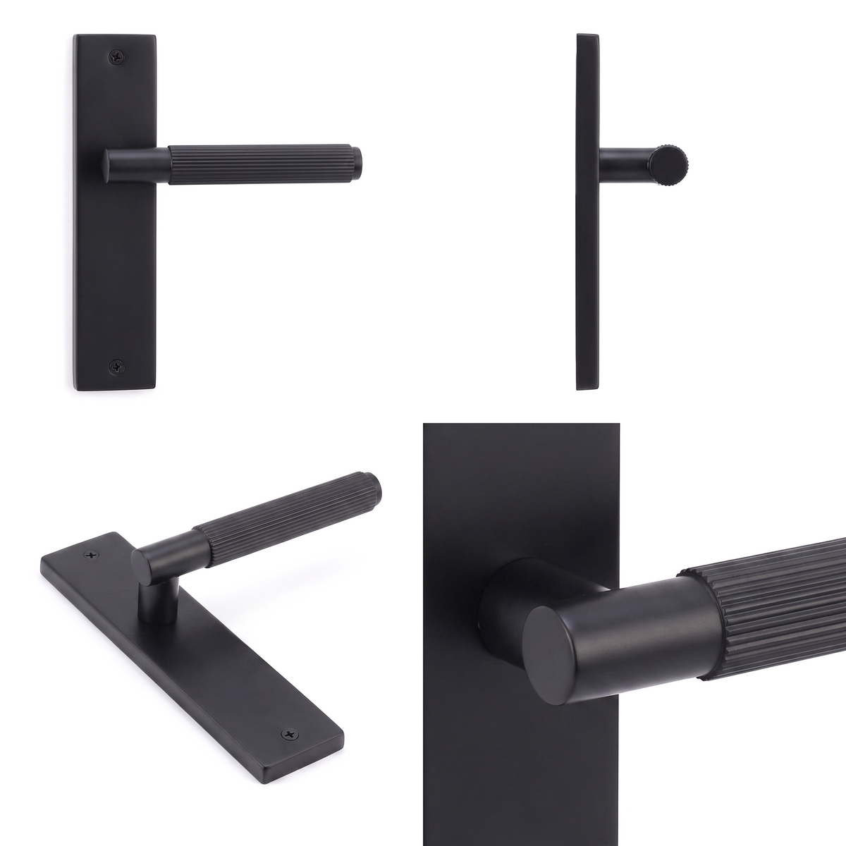 Hera Matt Black Door Lever Handles on Backplate – shown from multiple angles