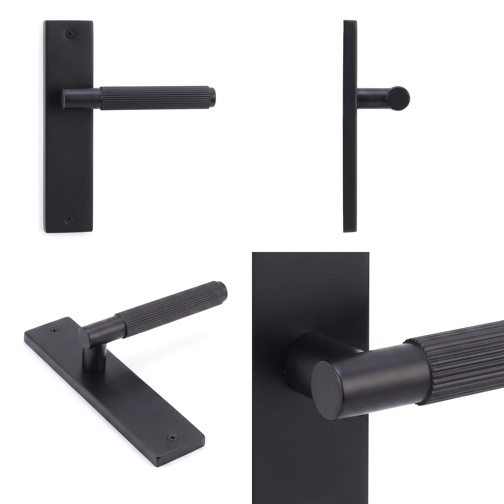 Hera Matt Black Passage Door Handles on Backplate – shown from multiple angles