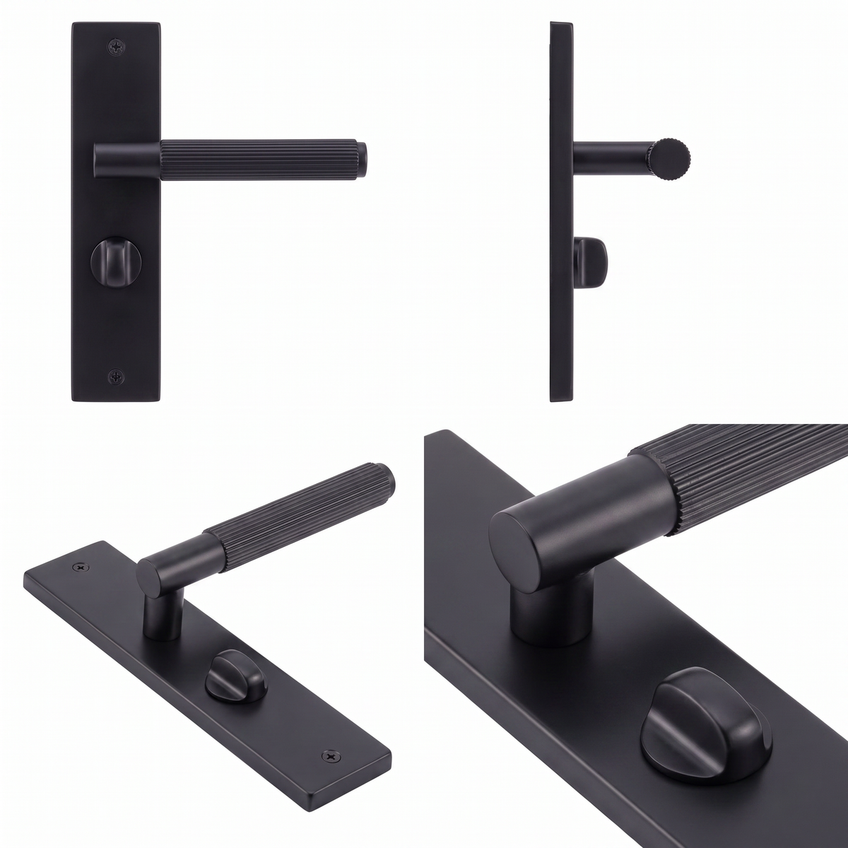 Hera Matt Black Bathroom Door Lever Handles on Backplate – shown from multiple angles