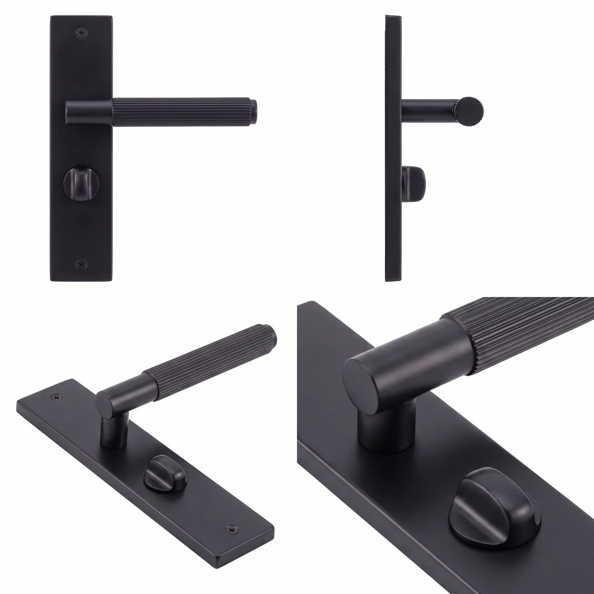 Hera Matt Black Door Lever Handles on Backplate – shown from multiple angles