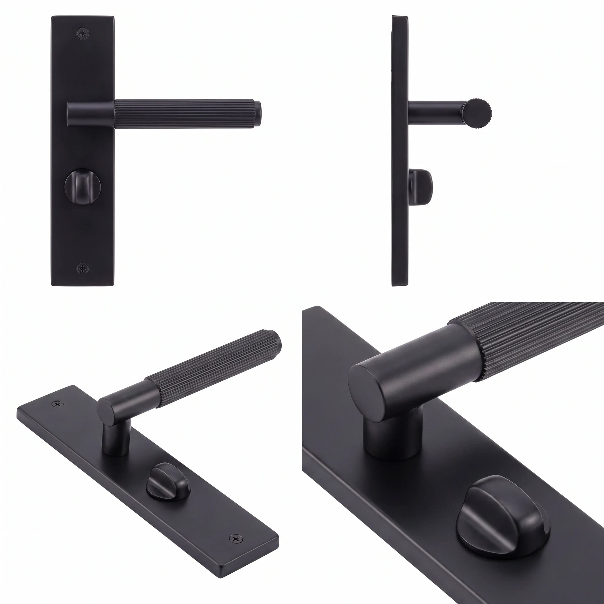 Hera Matt Black Bathroom Door Handles on Backplate – shown from multiple angles