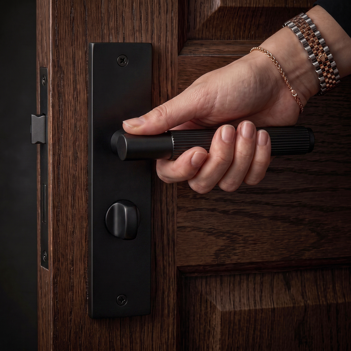Hera Matt Black Bathroom Door Lever Handles on Backplate – held in hand to show the size and finish