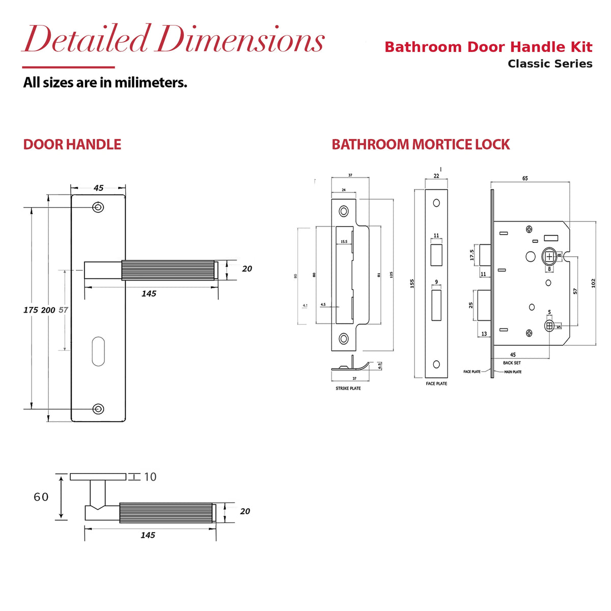 Hera Matt Black Bathroom Door Handles on Backplate – dimensions and measurements diagram