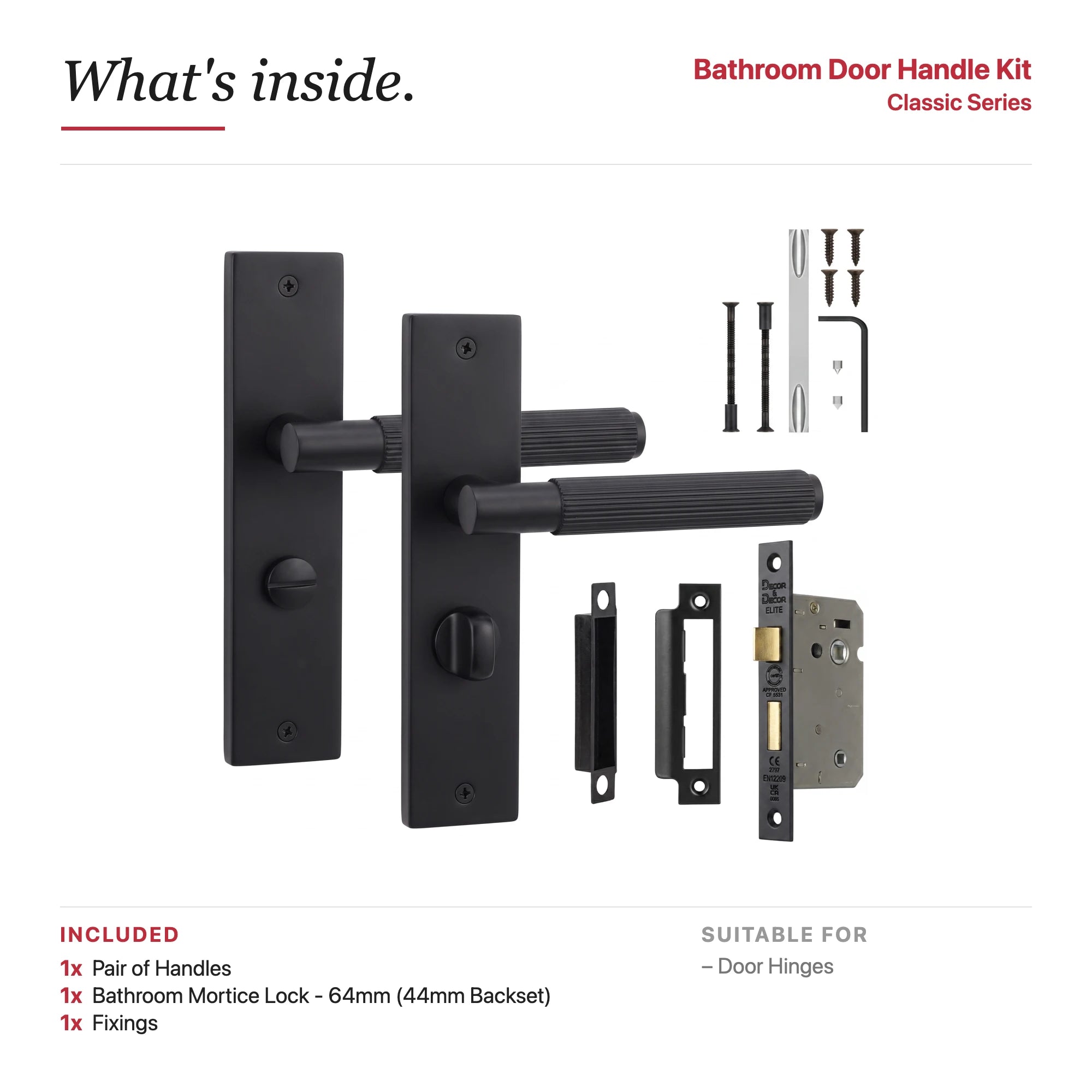 Hera Matt Black Bathroom Door Handles on Backplate – showing what's included in the box