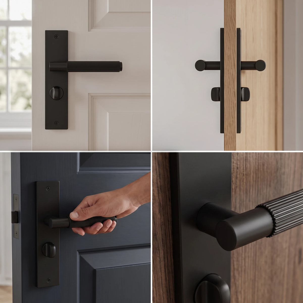 Hera Matt Black Door Lever Handles on Backplate – fitted on an interior door in a styled room setting