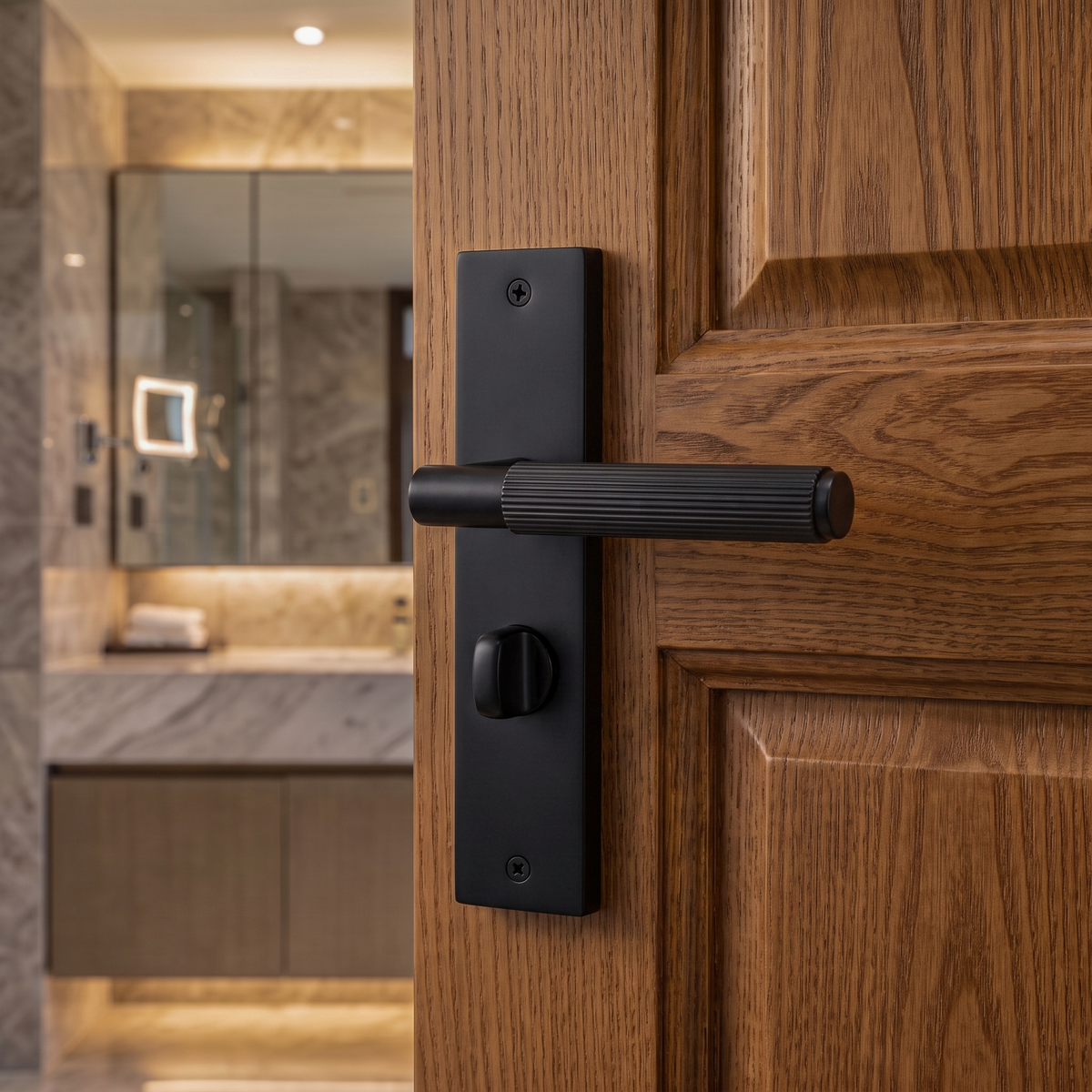Hera Matt Black Bathroom Door Lever Handles on Backplate – fitted on an interior door in a styled room setting 2