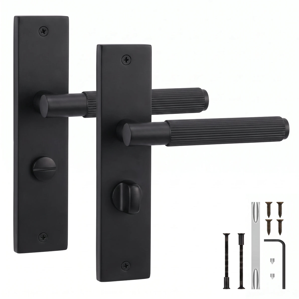 Hera Matt Black Door Lever Handles on Backplate - WC Turn