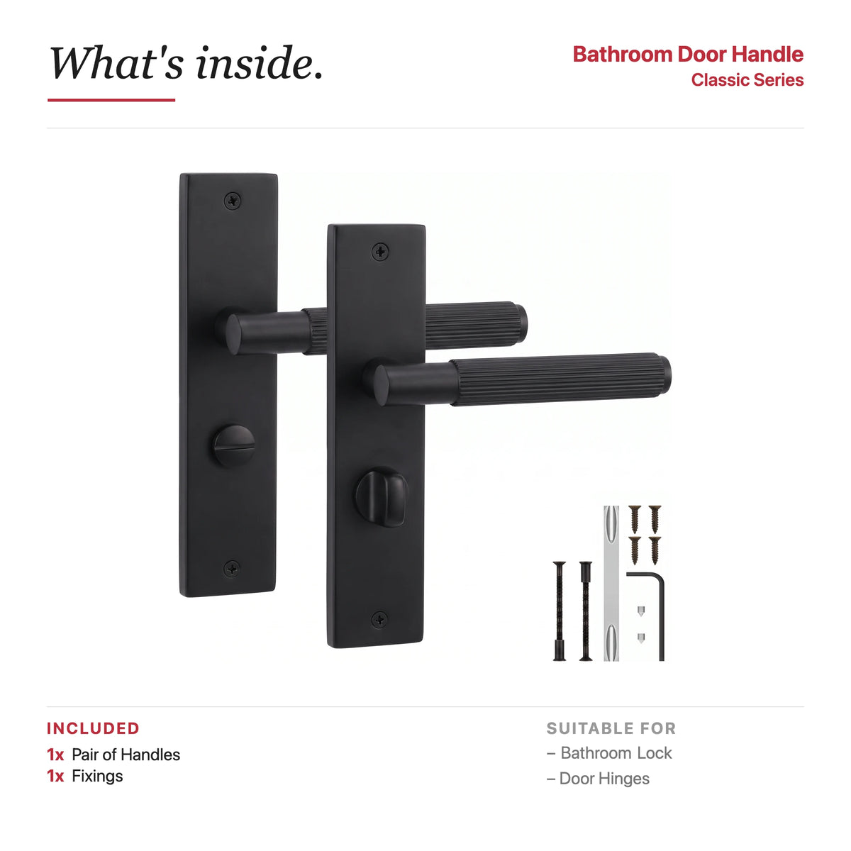 Hera Matt Black Door Lever Handles on Backplate – showing what's included in the box