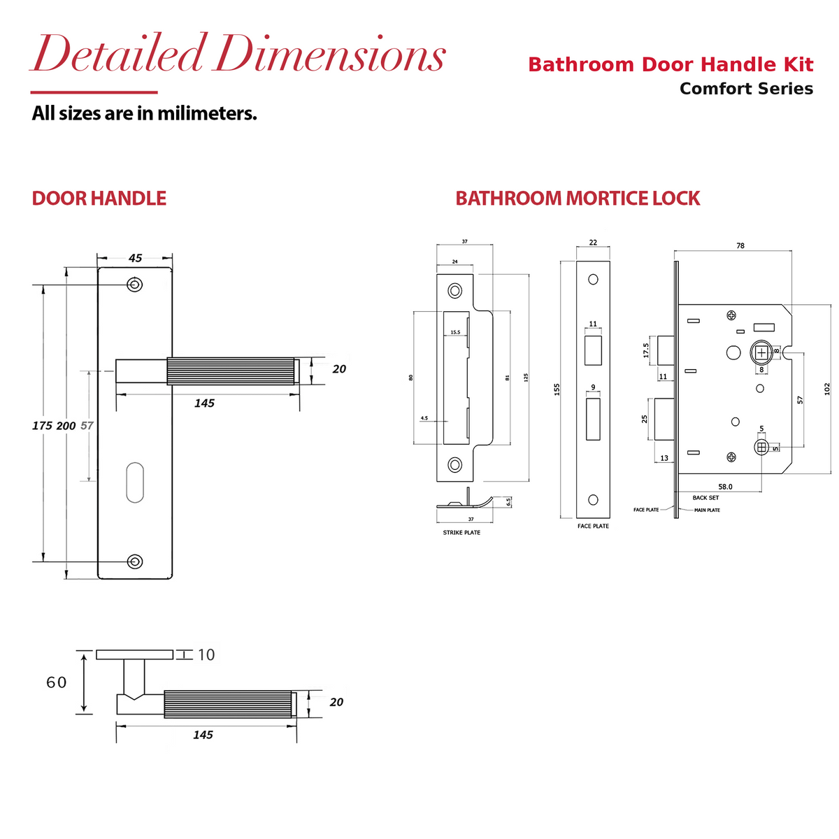 Hera Matt Black Bathroom Door Lever Handles on Backplate – dimensions and measurements diagram
