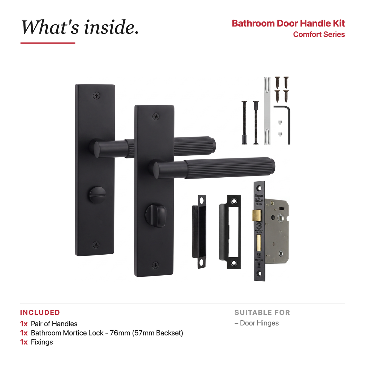 Hera Matt Black Bathroom Door Lever Handles on Backplate – showing what's included in the box