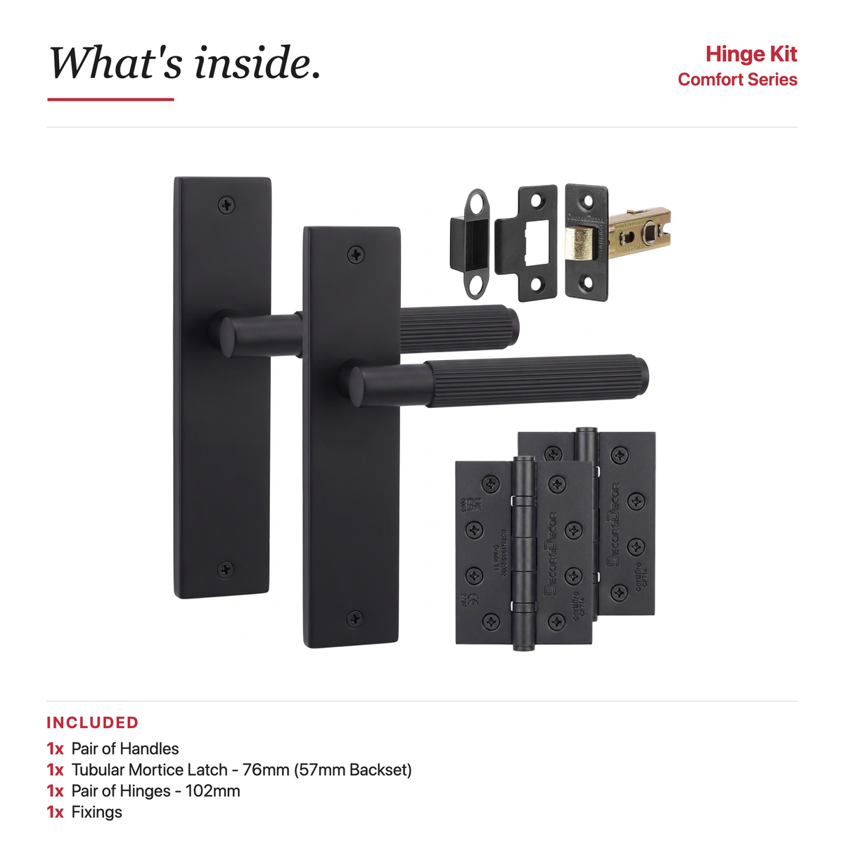 Hera Matt Black Passage Door Lever Handles on Backplate – showing what's included in the box
