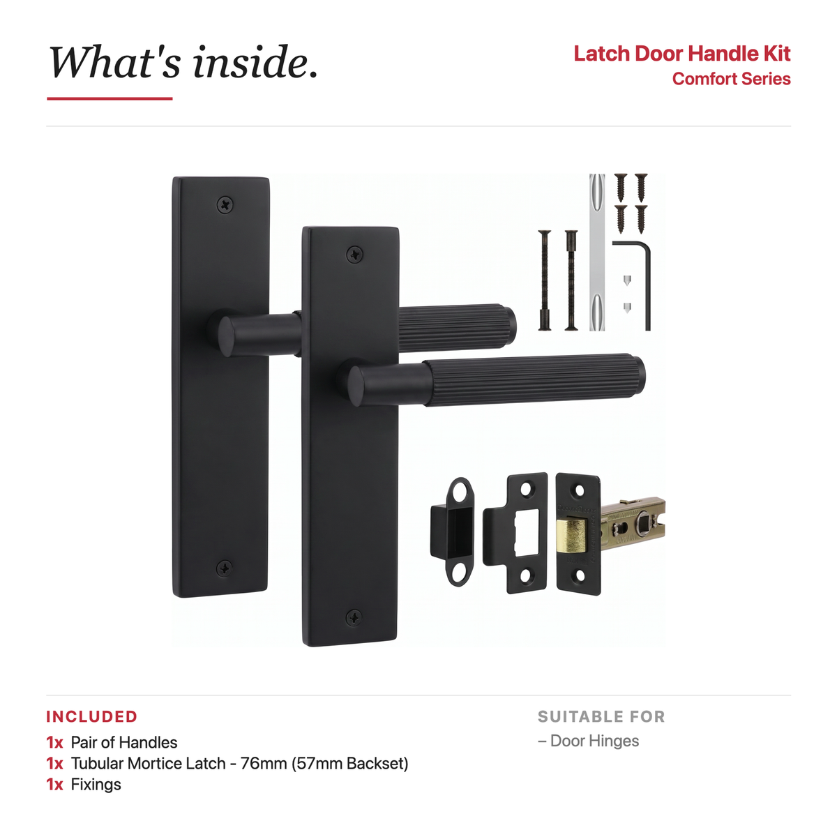 Hera Matt Black Passage Door Lever Handles on Backplate – showing what's included in the box