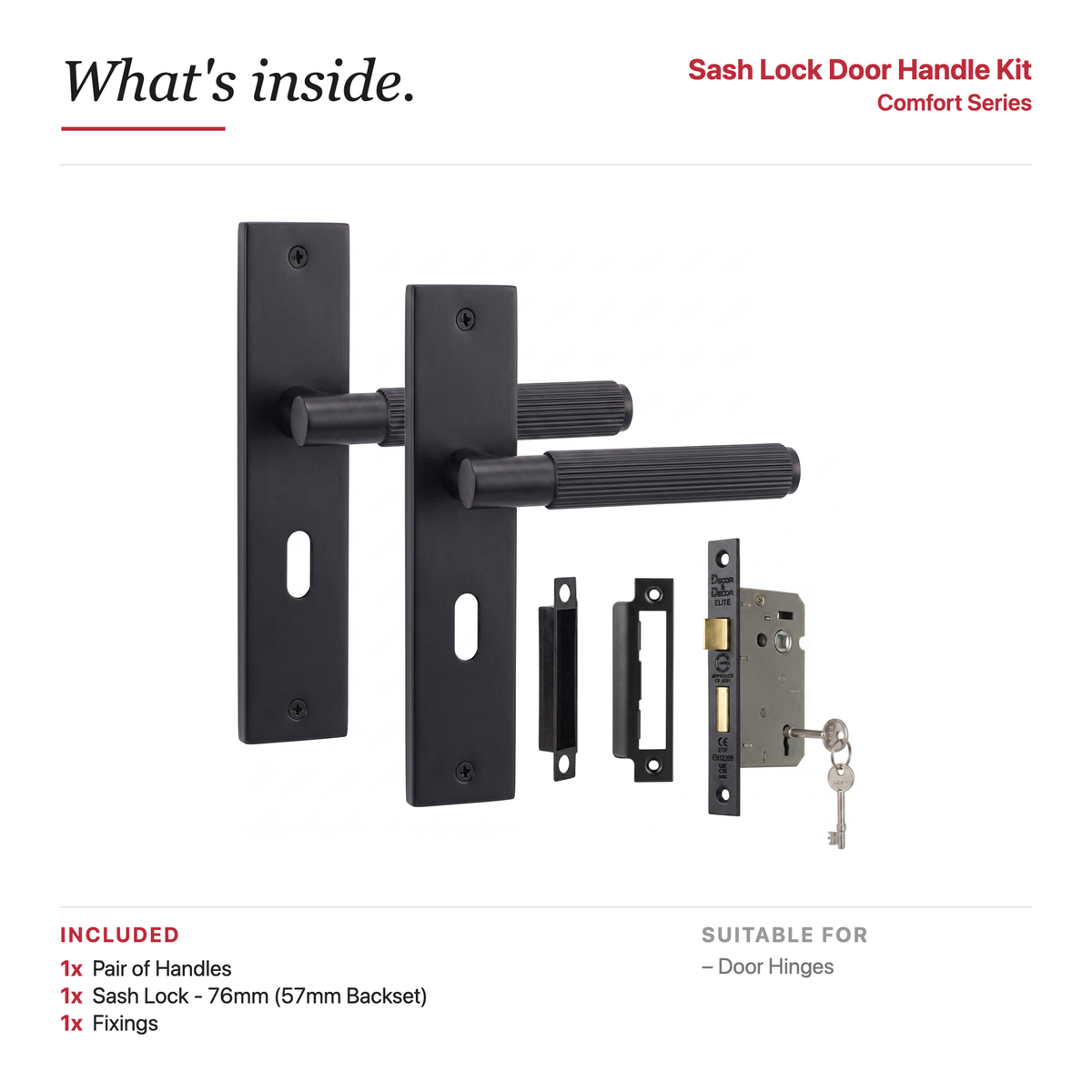Hera Matt Black Privacy Door Lever Handles on Backplate – showing what's included in the box