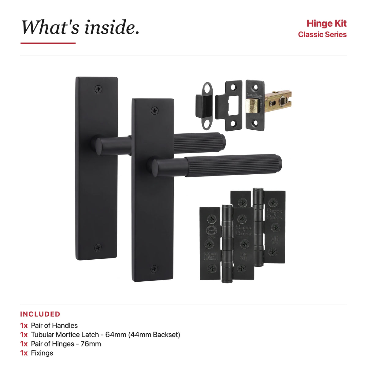 Hera Matt Black Passage Door Handles on Backplate – showing what's included in the box