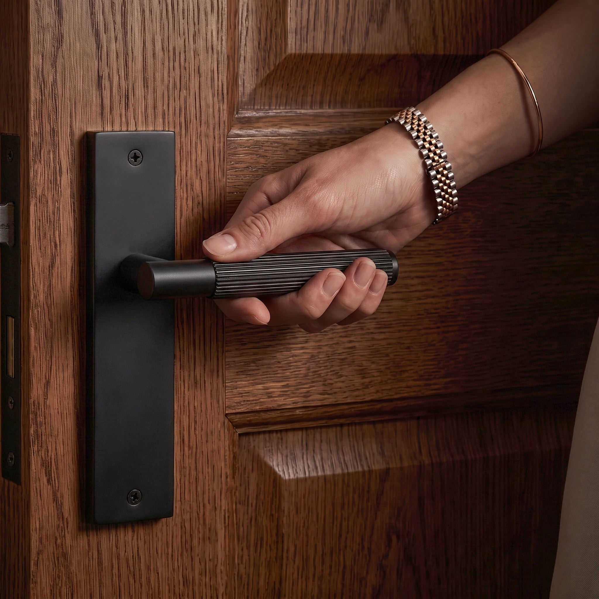 Hera Door Handle on Backplate – held in hand to show the size and finish