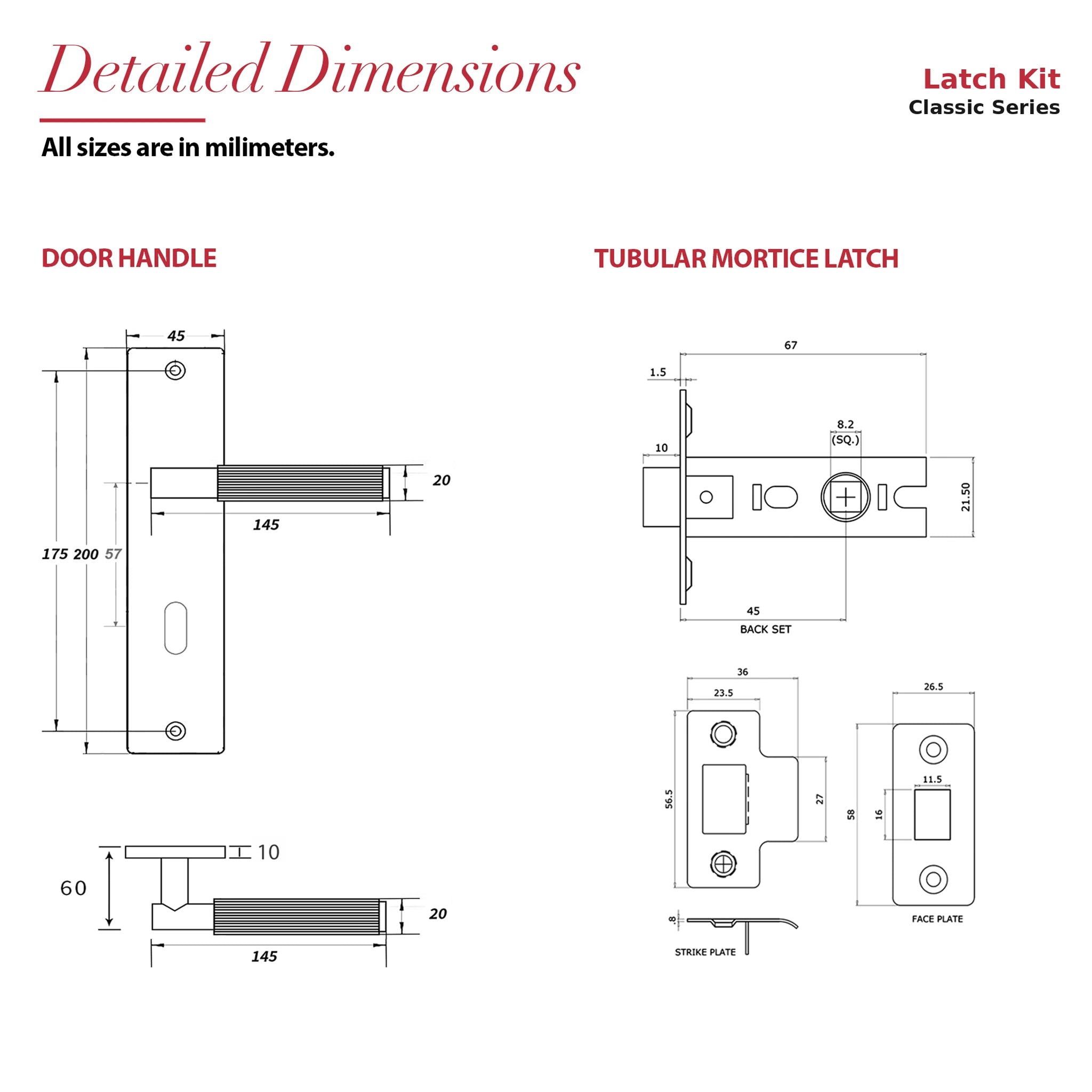 Hera Matt Black Passage Door Handles on Backplate – dimensions and measurements diagram