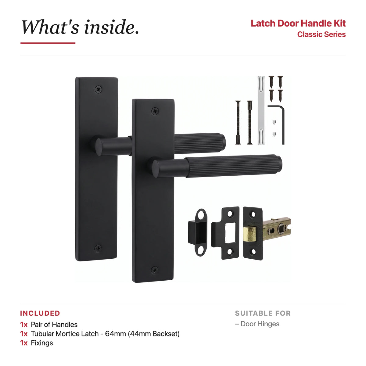 Hera Matt Black Passage Door Handles on Backplate – showing what's included in the box