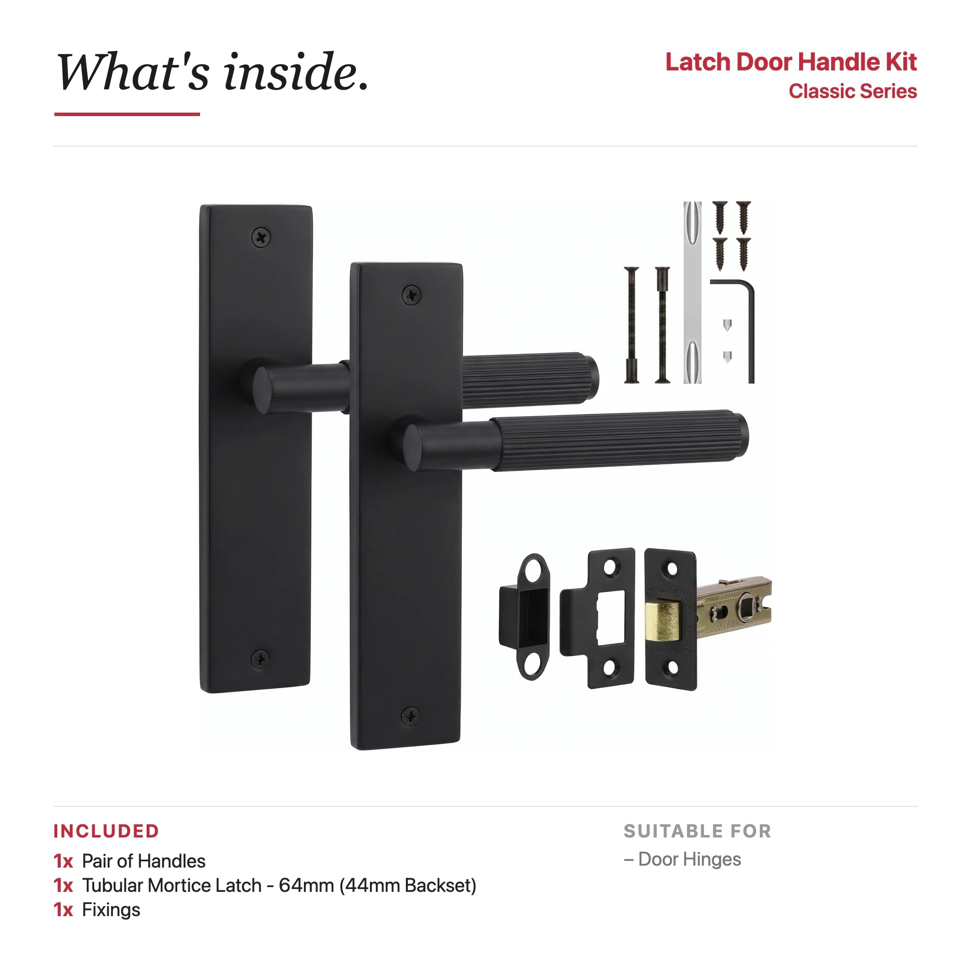 Hera Matt Black Passage Door Handles on Backplate – showing what's included in the box