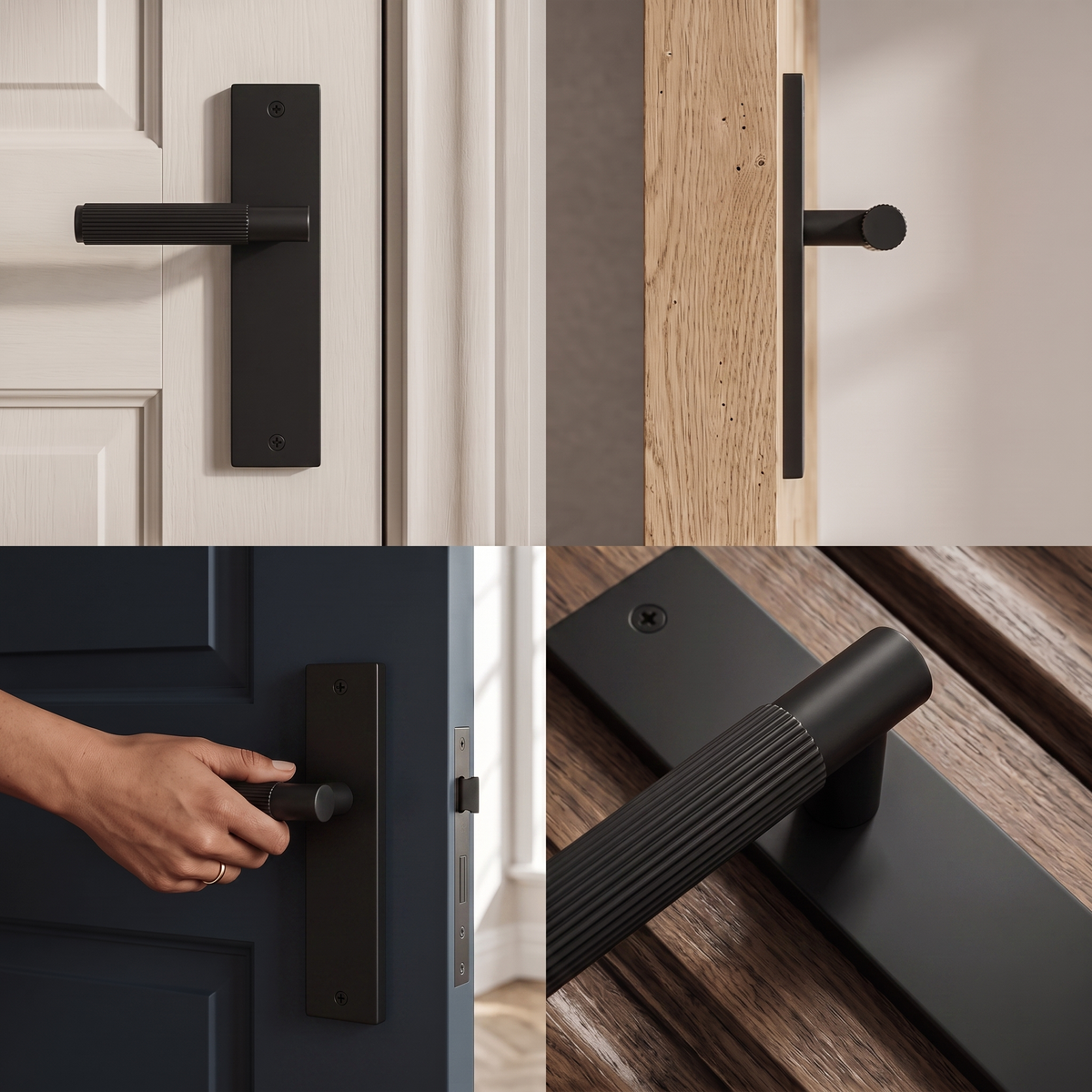 Hera Matt Black Door Lever Handles on Backplate – fitted on an interior door in a styled room setting