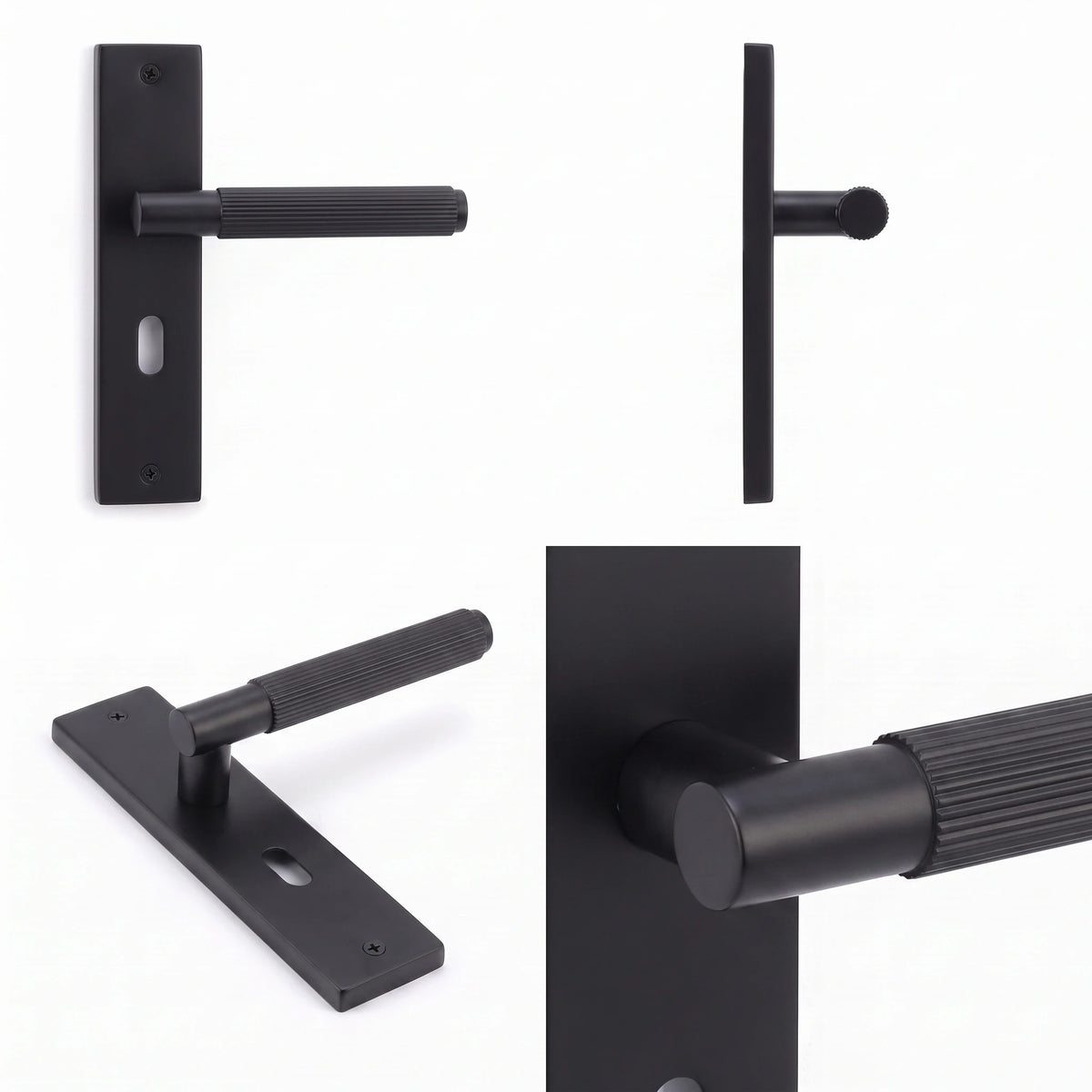 Hera Matt Black Door Lever Handles on Backplate – shown from multiple angles