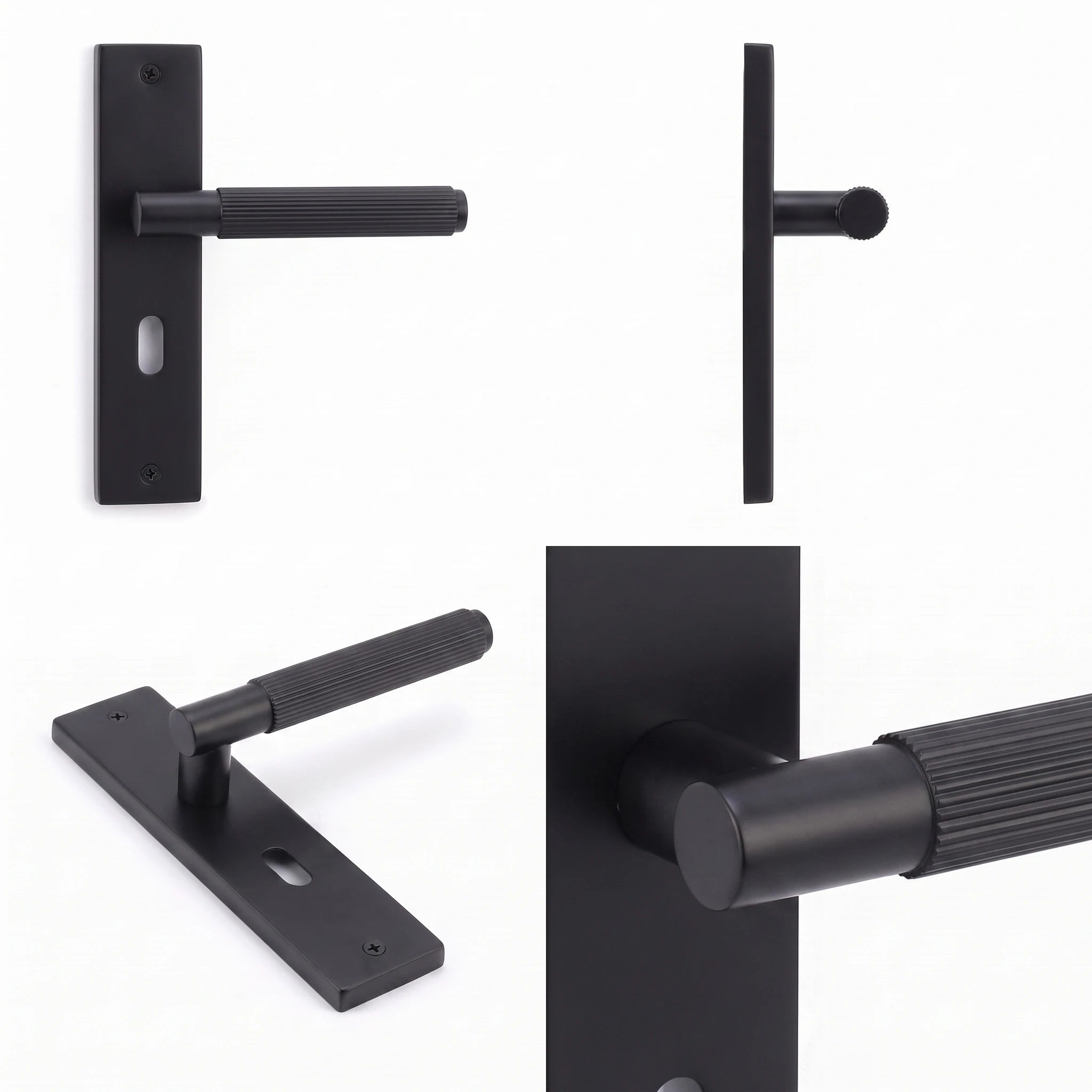 Hera Matt Black Privacy Door Handles on Backplate with Keys – shown from multiple angles