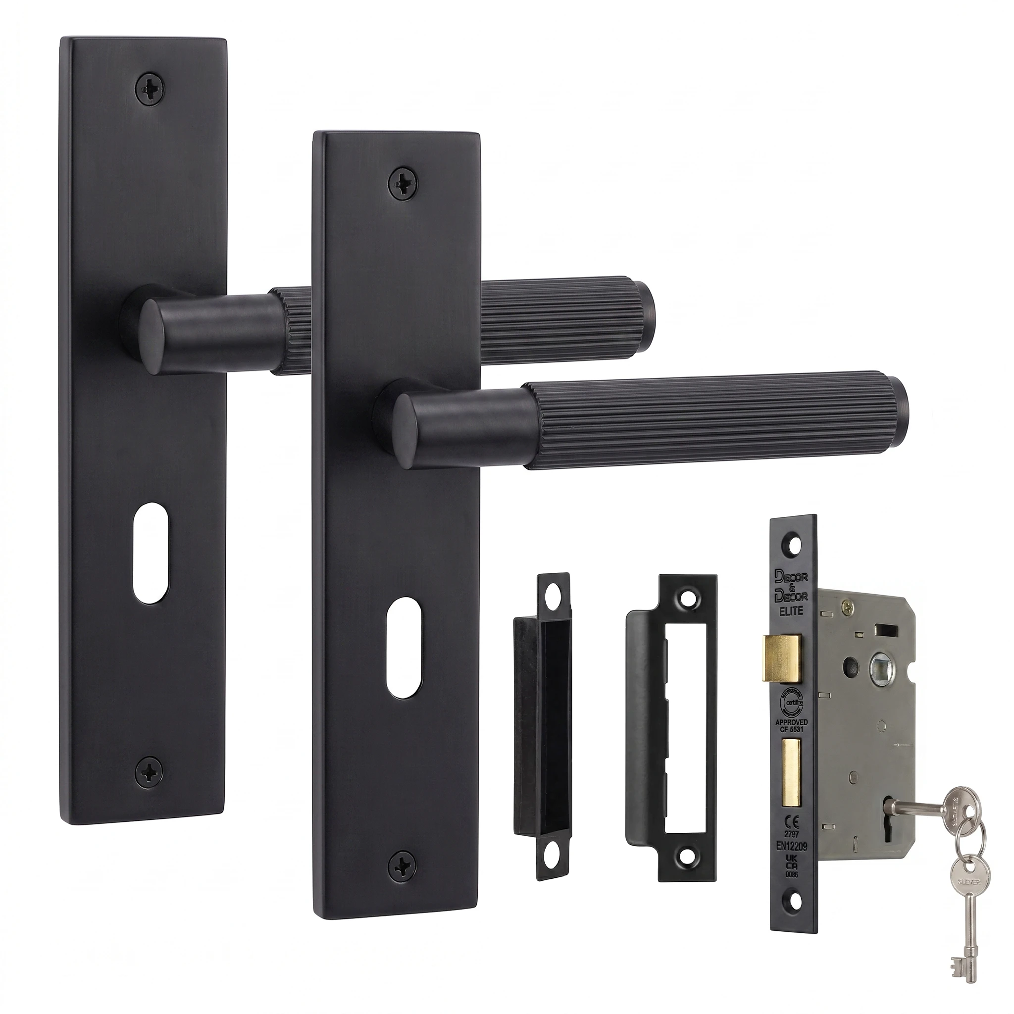 Hera Matt Black Privacy Door Handles on Backplate with Keys - Sash Lock Kit Set