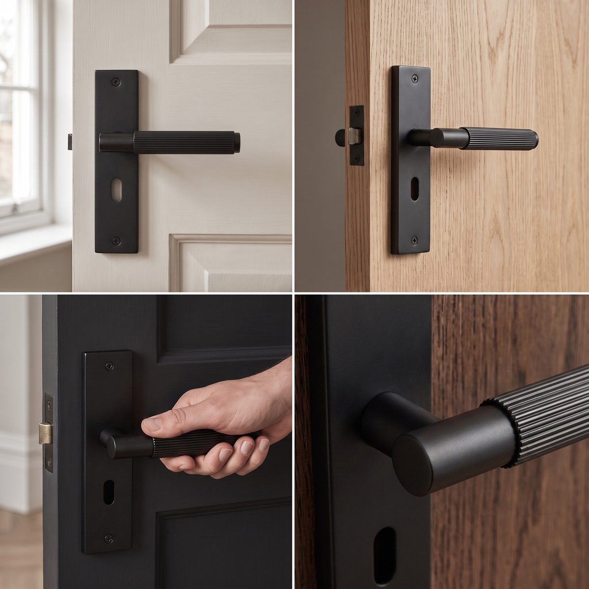 Hera Matt Black Privacy Door Lever Handles on Backplate – fitted on an interior door in a styled room setting