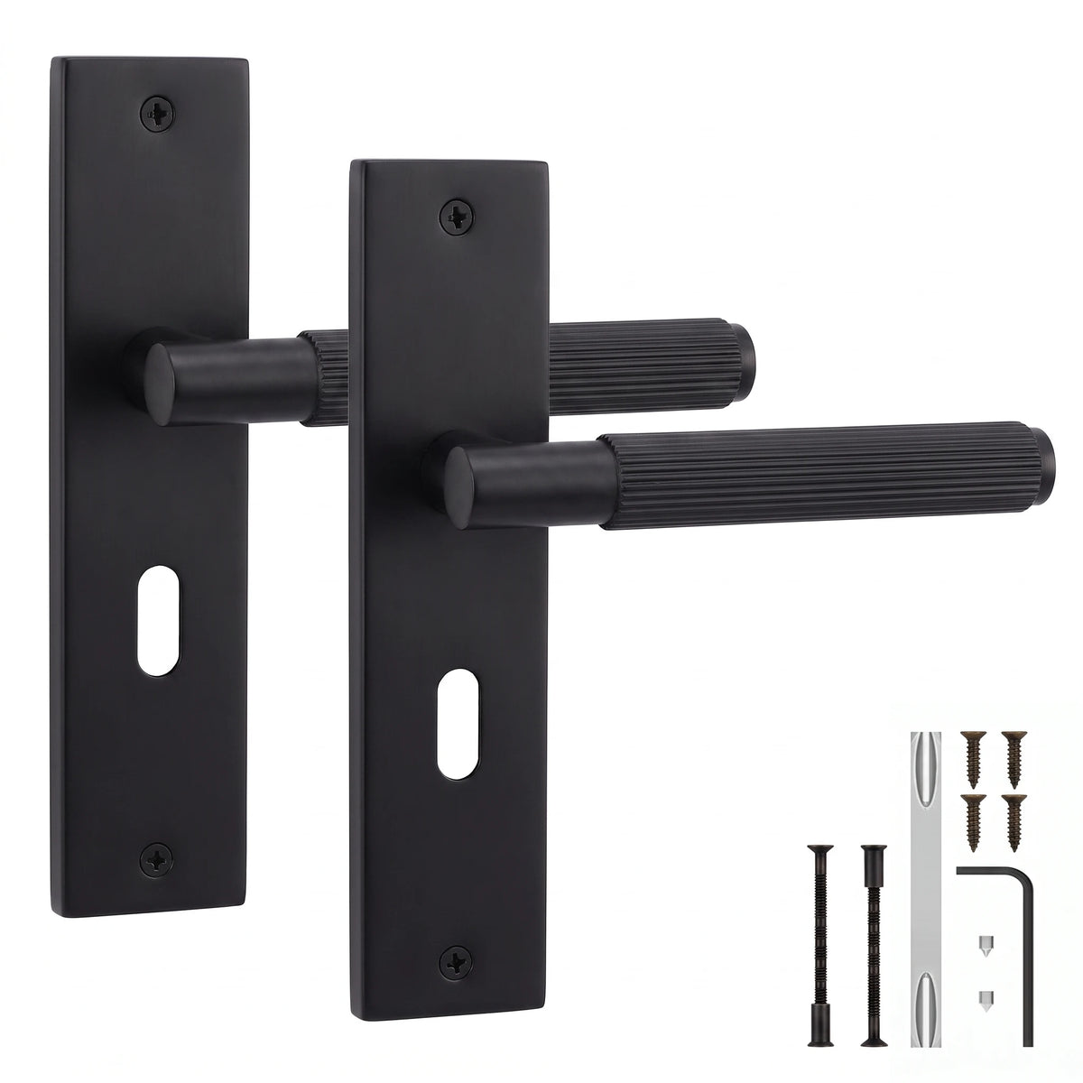 Hera Matt Black Door Lever Handles on Backplate - Key Hole
