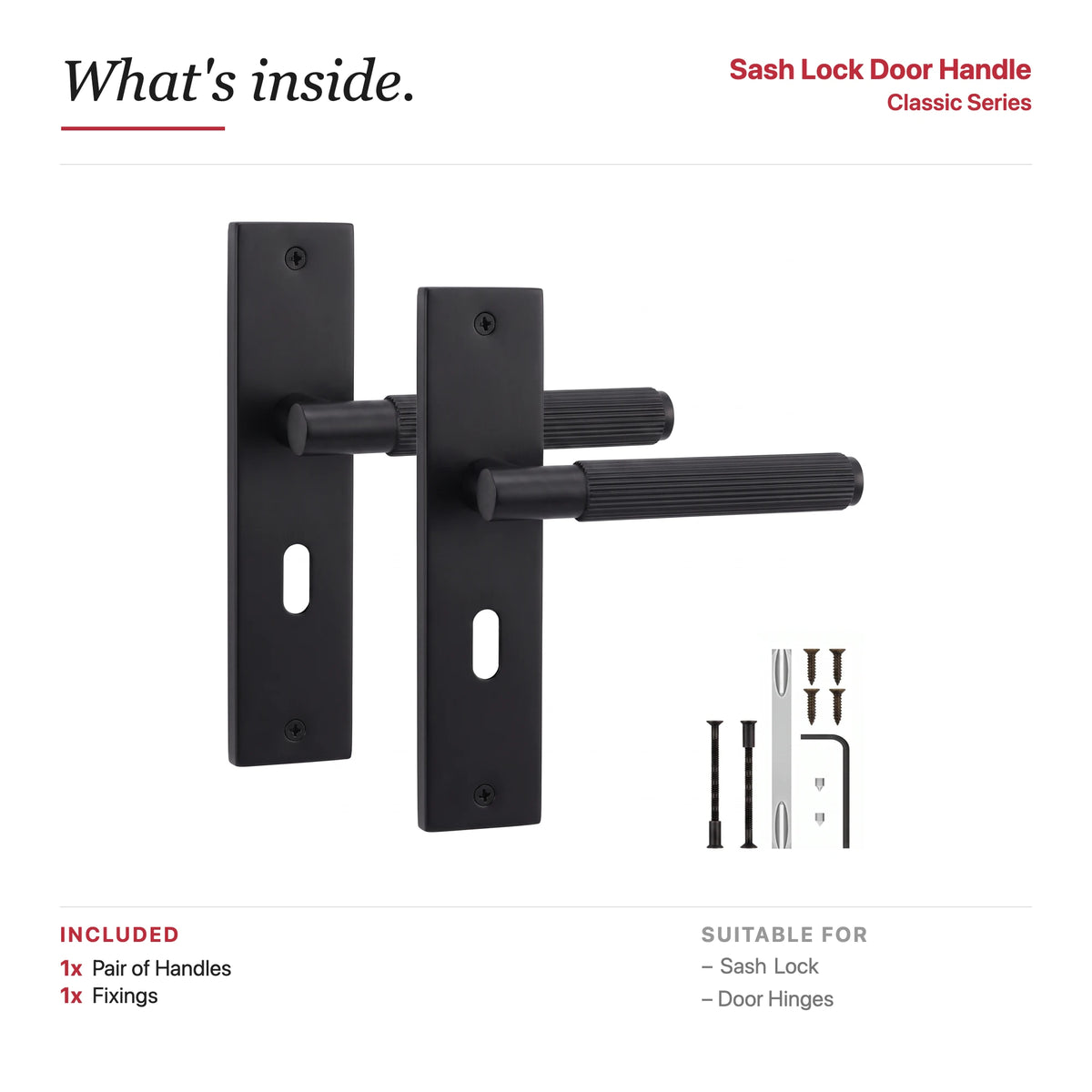 Hera Matt Black Door Lever Handles on Backplate – showing what's included in the box