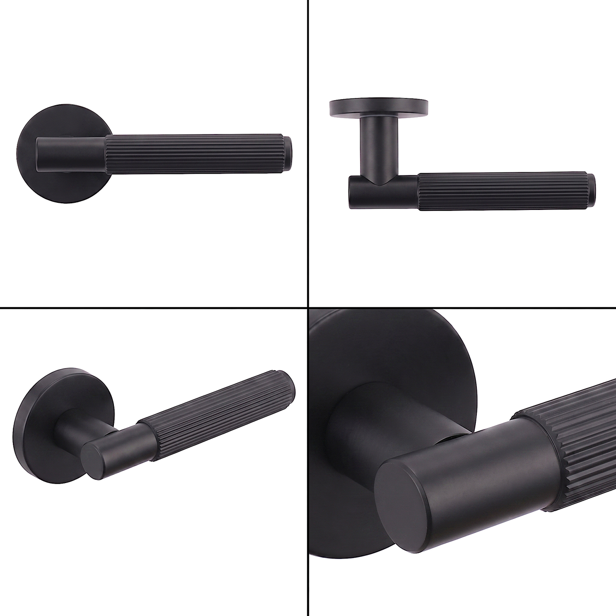 Hera Matt Black Passage Door Lever Handles – shown from multiple angles