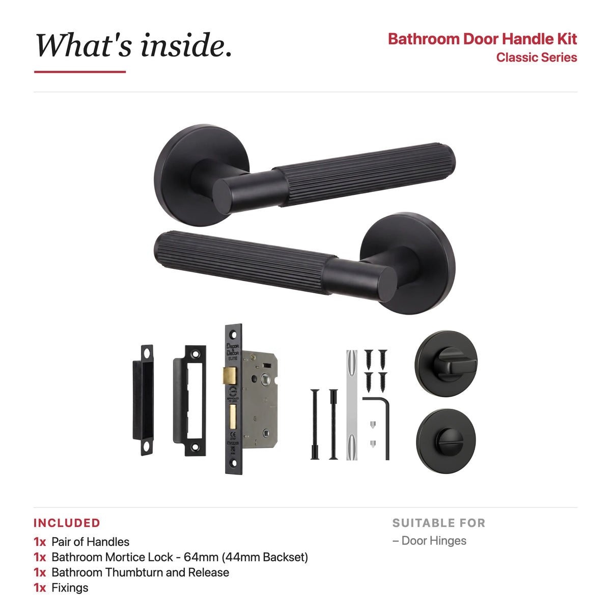 Hera Matt Black Bathroom Door Handles – showing what's included in the box