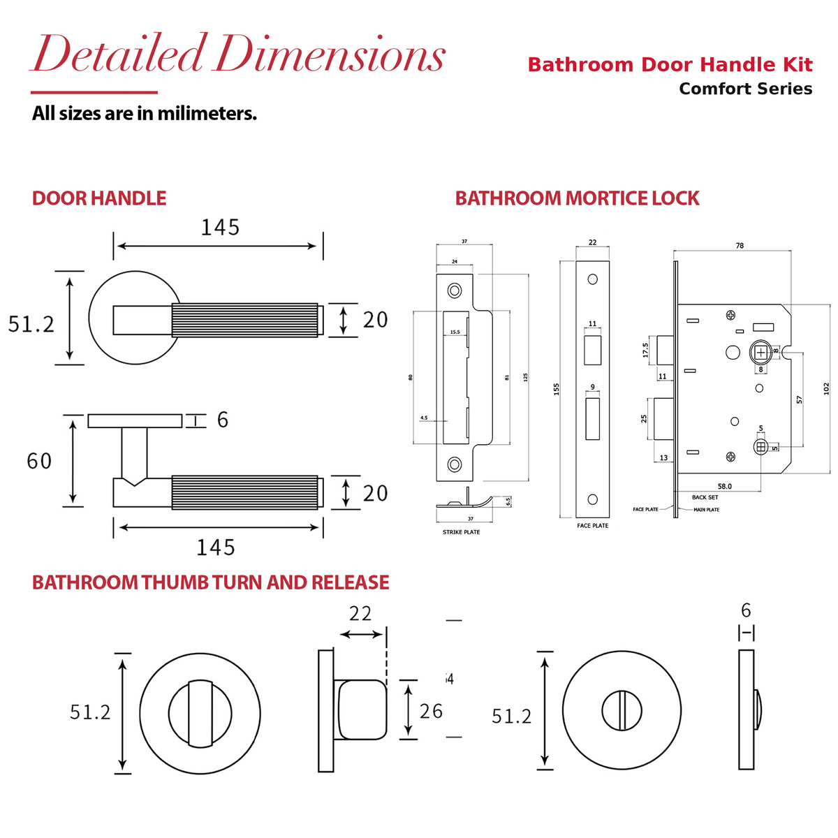 Hera Matt Black Bathroom Door Lever Handles – dimensions and measurements diagram