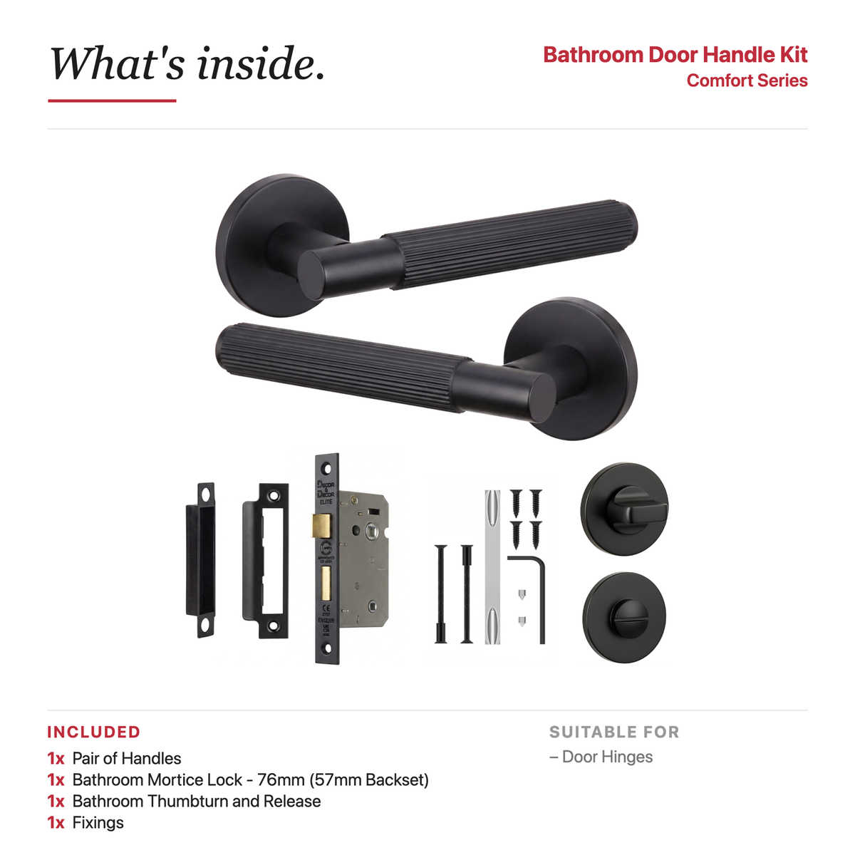 Hera Matt Black Bathroom Door Lever Handles – showing what's included in the box