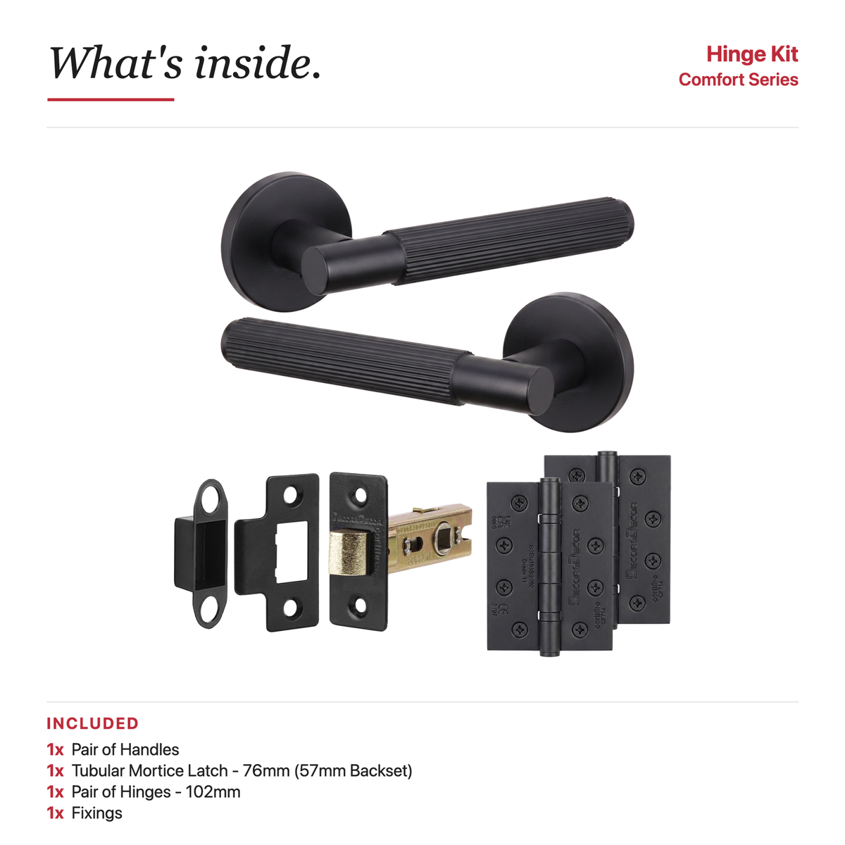 Hera Matt Black Passage Door Lever Handles – showing what's included in the box