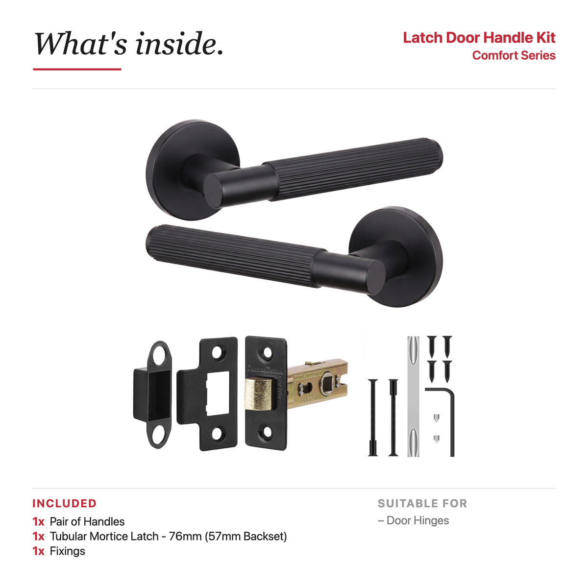 Hera Matt Black Passage Door Lever Handles – showing what's included in the box