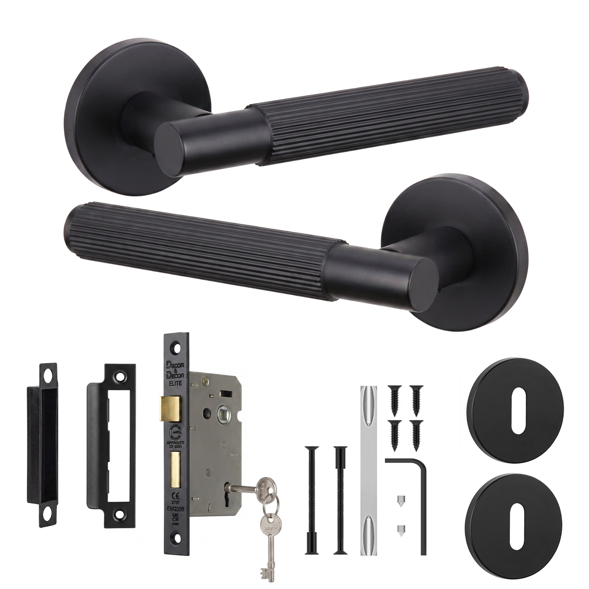 Hera Matt Black Privacy Door Lever Handles - Sash Lock Kit 76mm