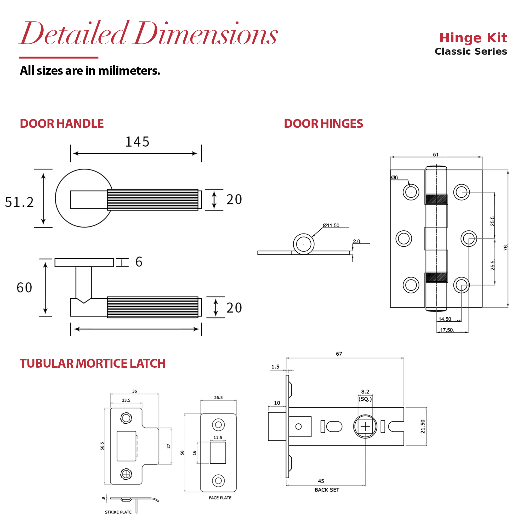 Hera Matt Black Passage Door Handles – dimensions and measurements diagram