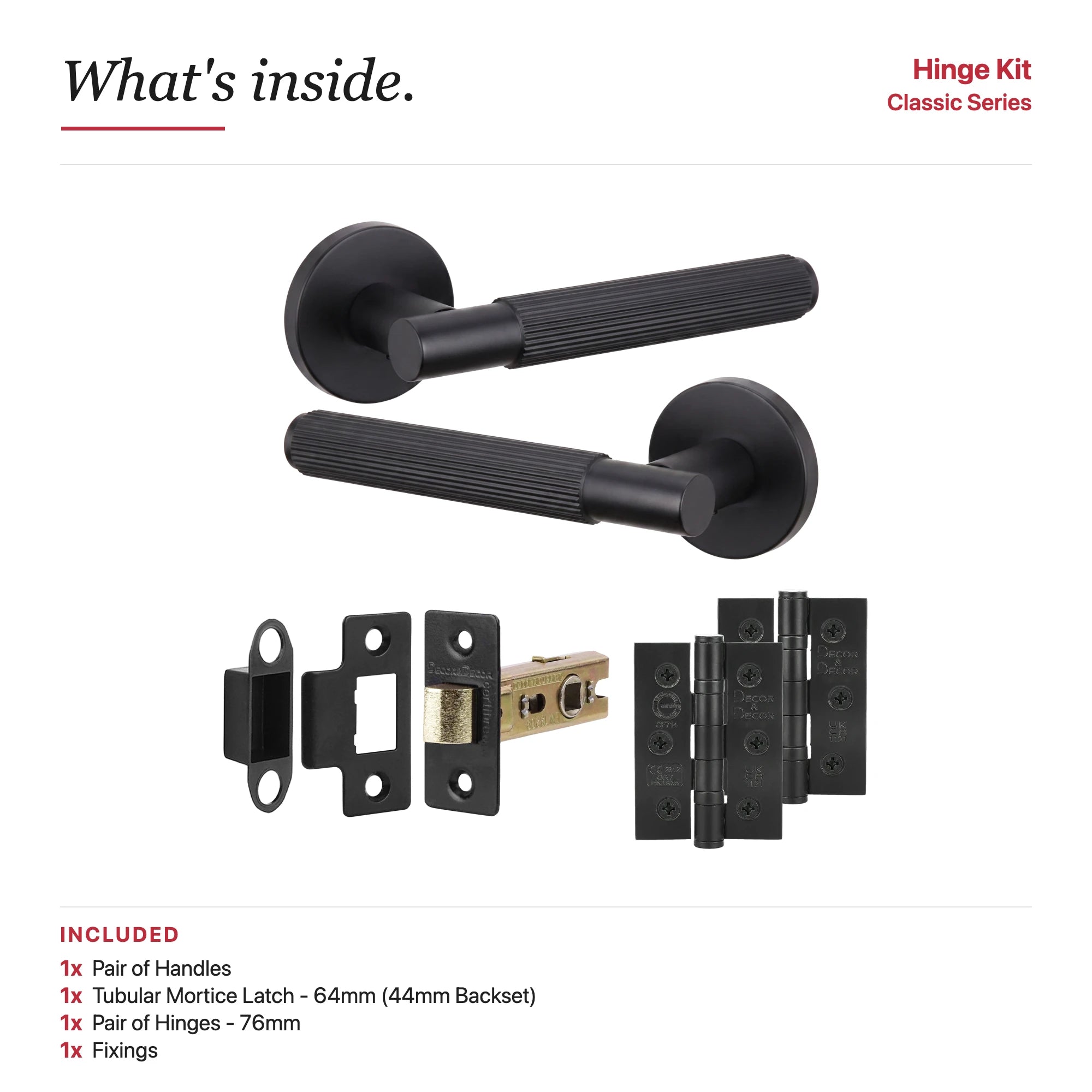 Hera Matt Black Passage Door Handles – showing what's included in the box
