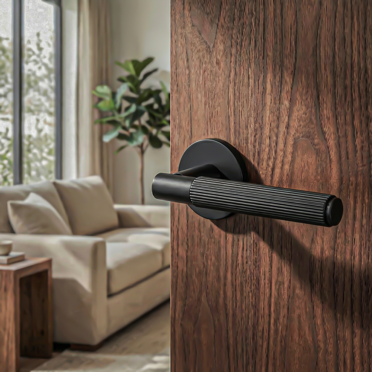 Hera Matt Black Passage Door Lever Handles – fitted on an interior door in a styled room setting