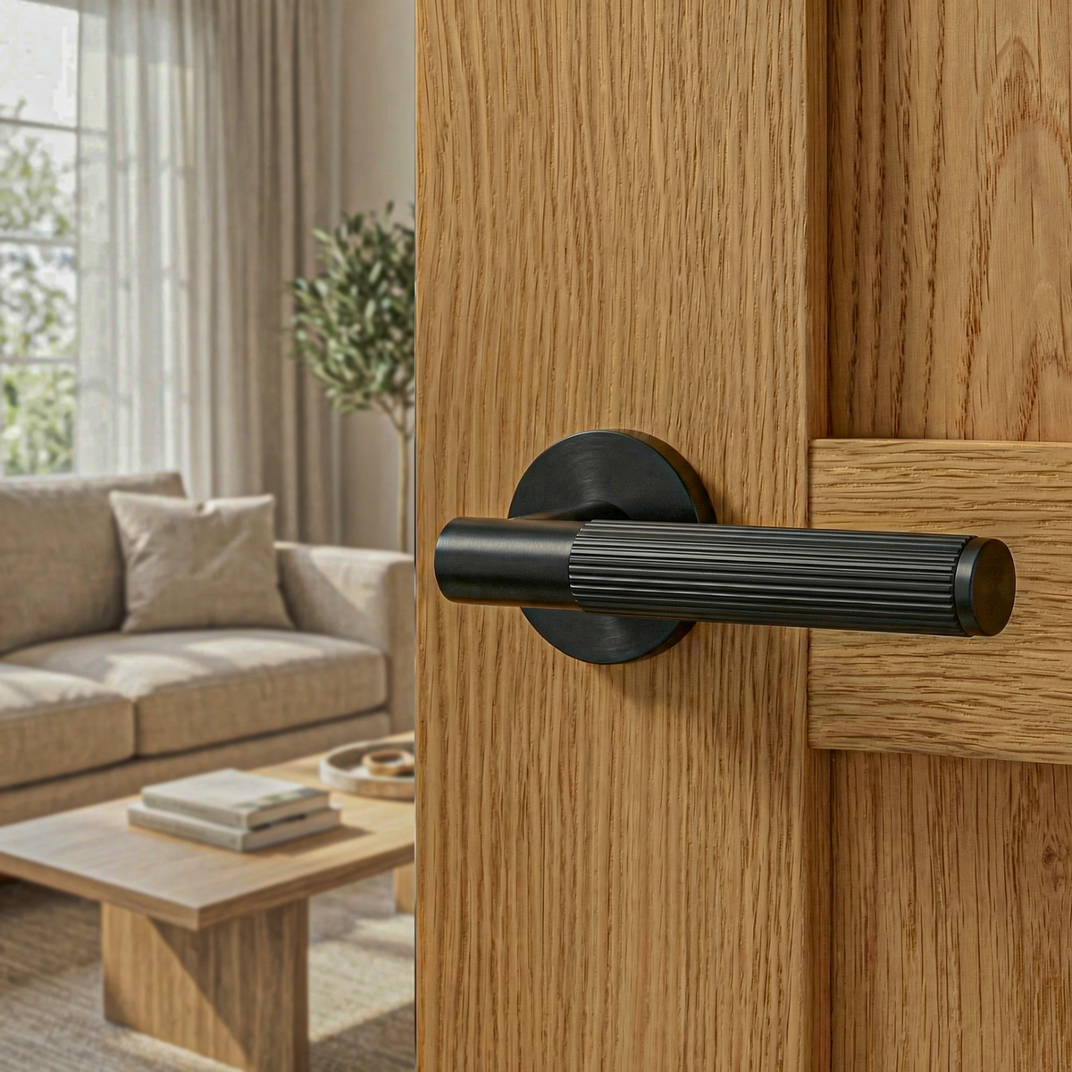 Hera Matt Black Door Lever Handles – fitted on an interior door in a styled room setting 2