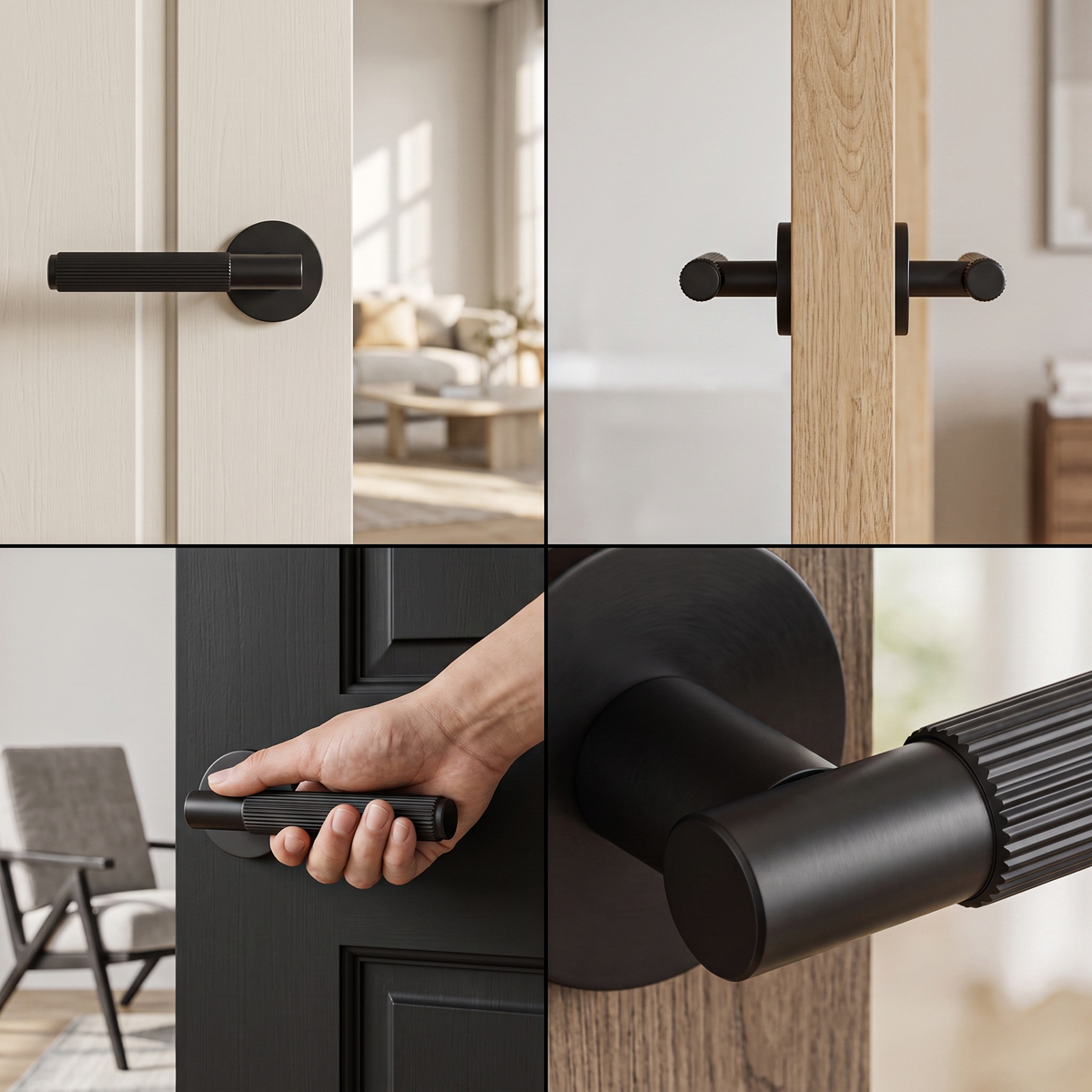 Hera Matt Black Door Lever Handles – fitted on an interior door in a styled room setting