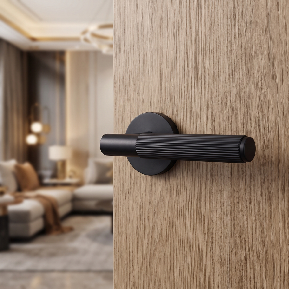 Hera Matt Black Door Lever Handles – fitted on an interior door in a styled room setting 2