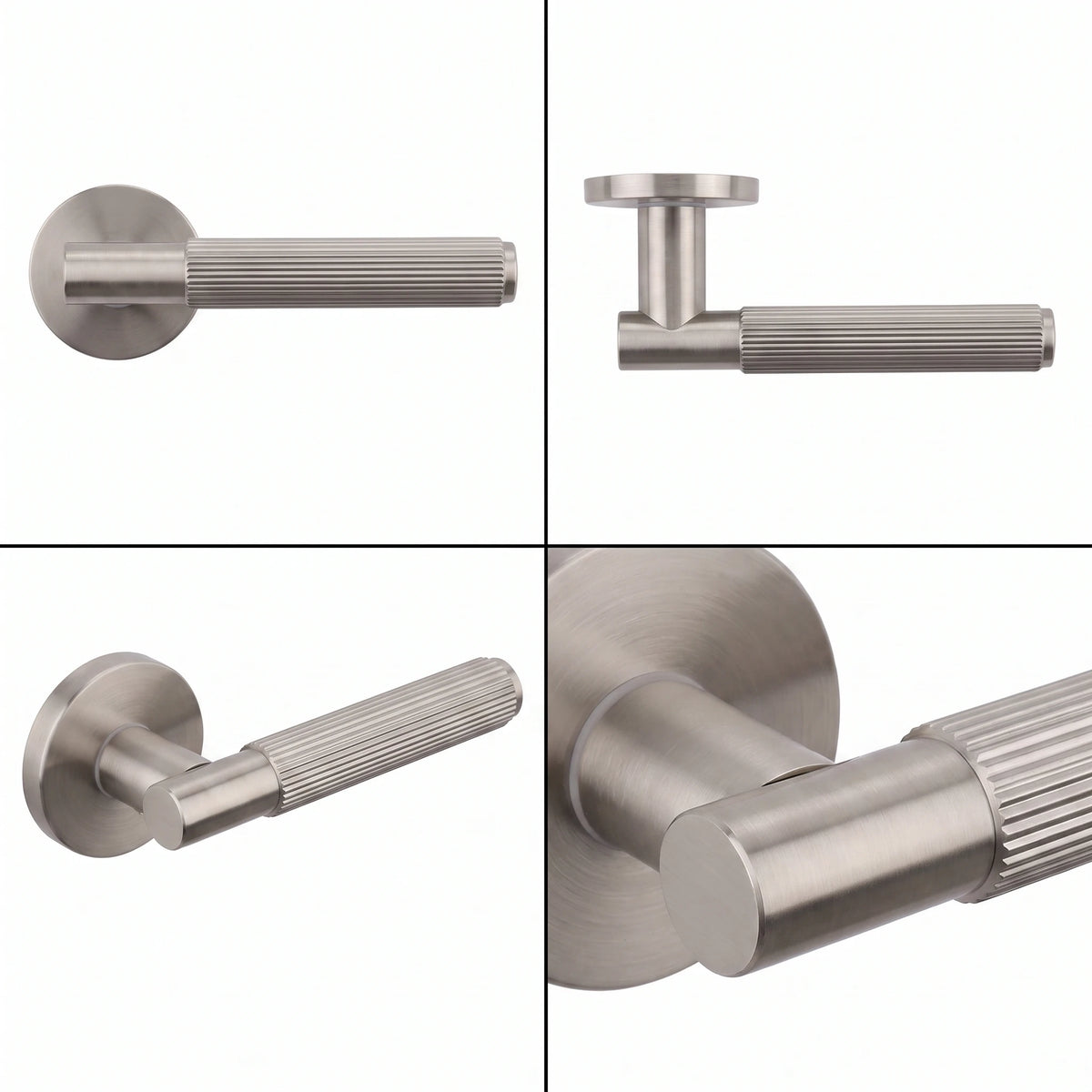 Hera Satin Nickel Privacy Door Handles – shown from multiple angles
