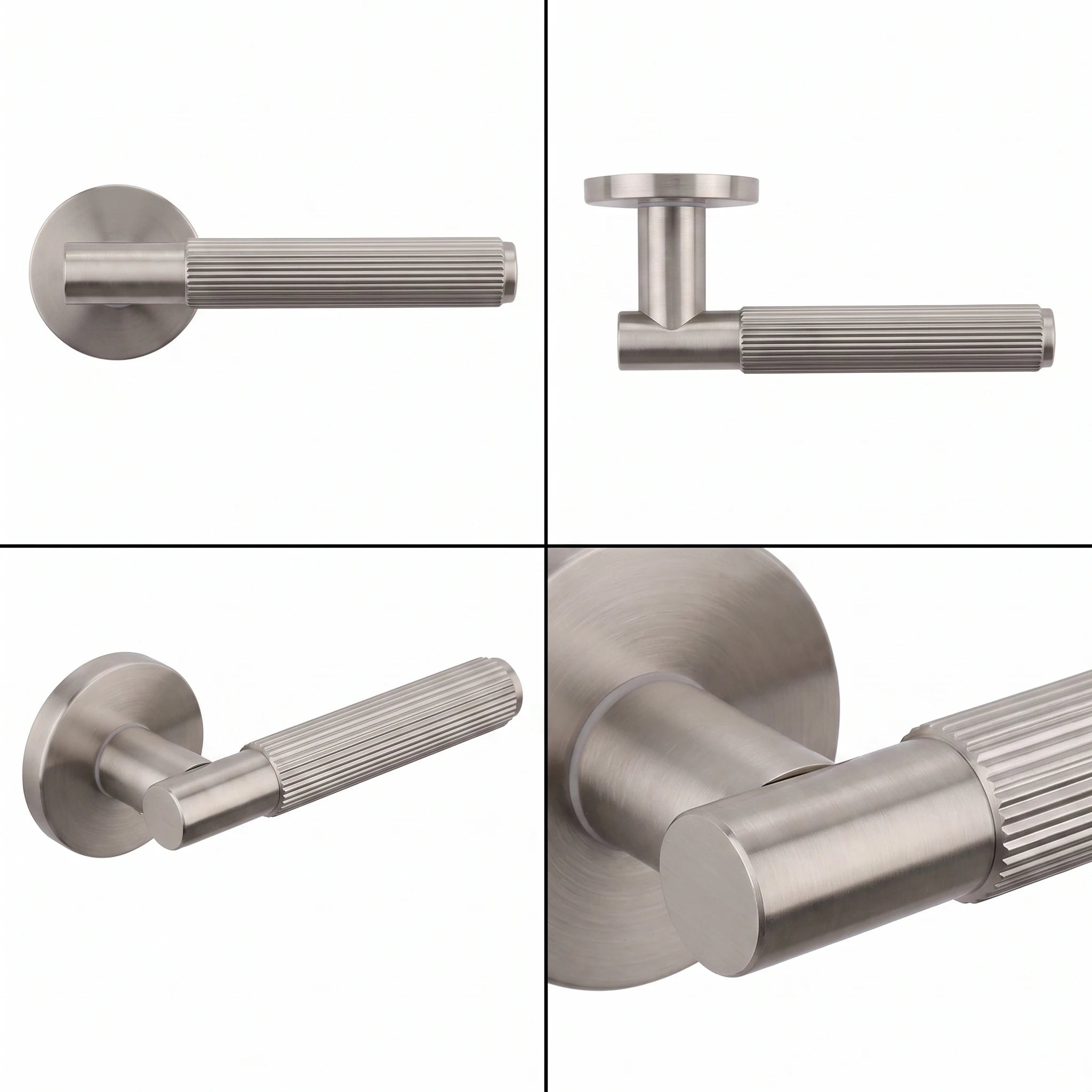 Hera Satin Nickel Privacy Door Handles – shown from multiple angles